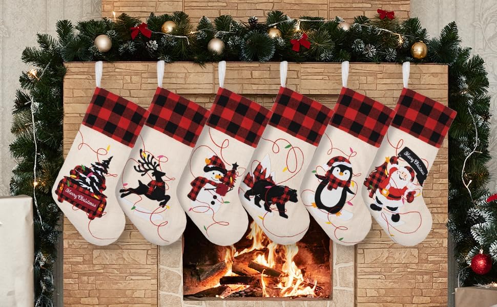 LUBOT Set of 8 Christmas Stocking(20inch) Silhouette Buffalo Red Plaid/Rustic/Farmhouse/Country Cotton Fireplace Hanging Xmas Stockings Decorations for Family Holiday Season Decor