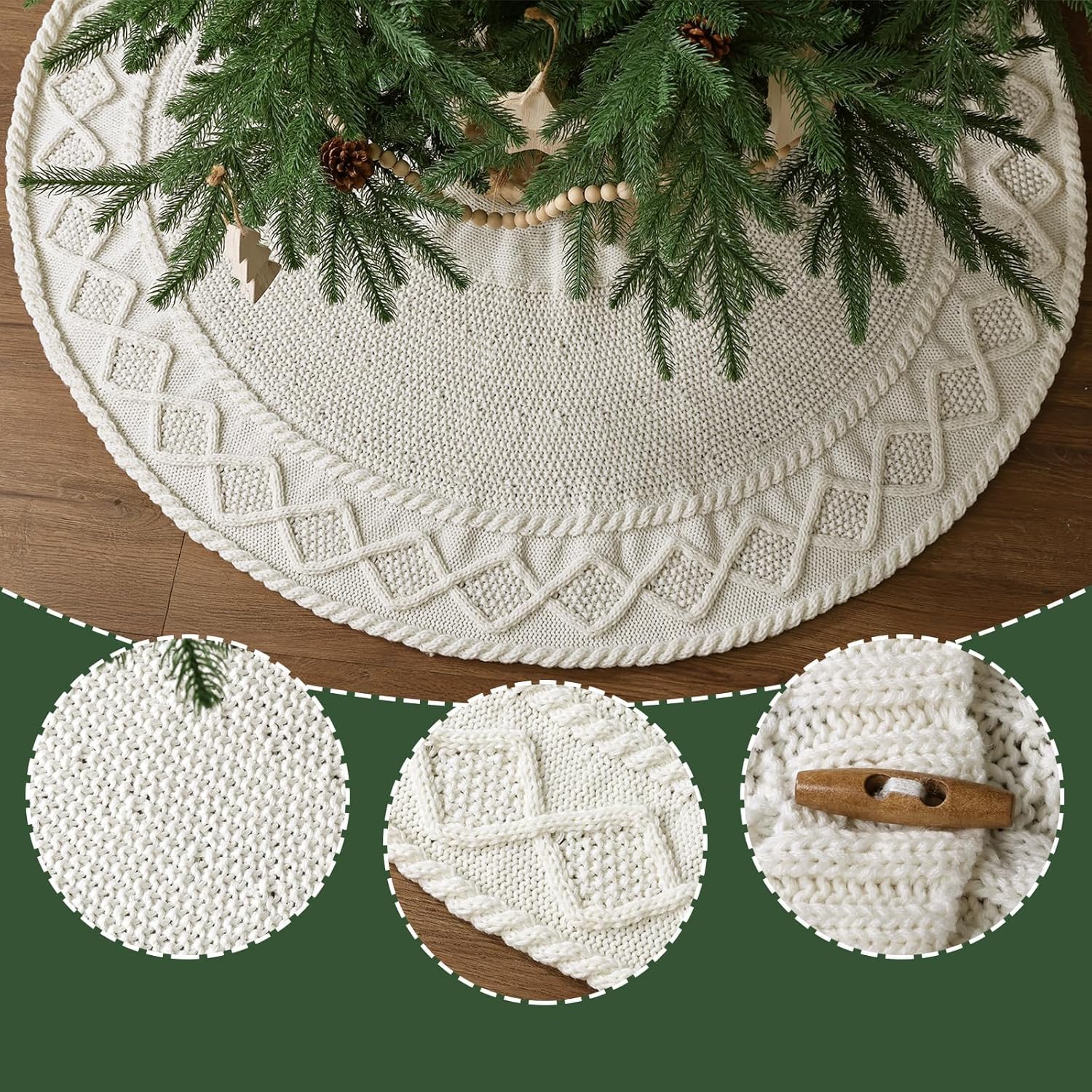 48 Inch Christmas Tree Skirt: Braided Cable Knit Tree Skirt for 7.5FT Tree, Cream White Tree Skirt, Vintage Tree Skirts, Rustic Farmhouse Christmas Decorations
