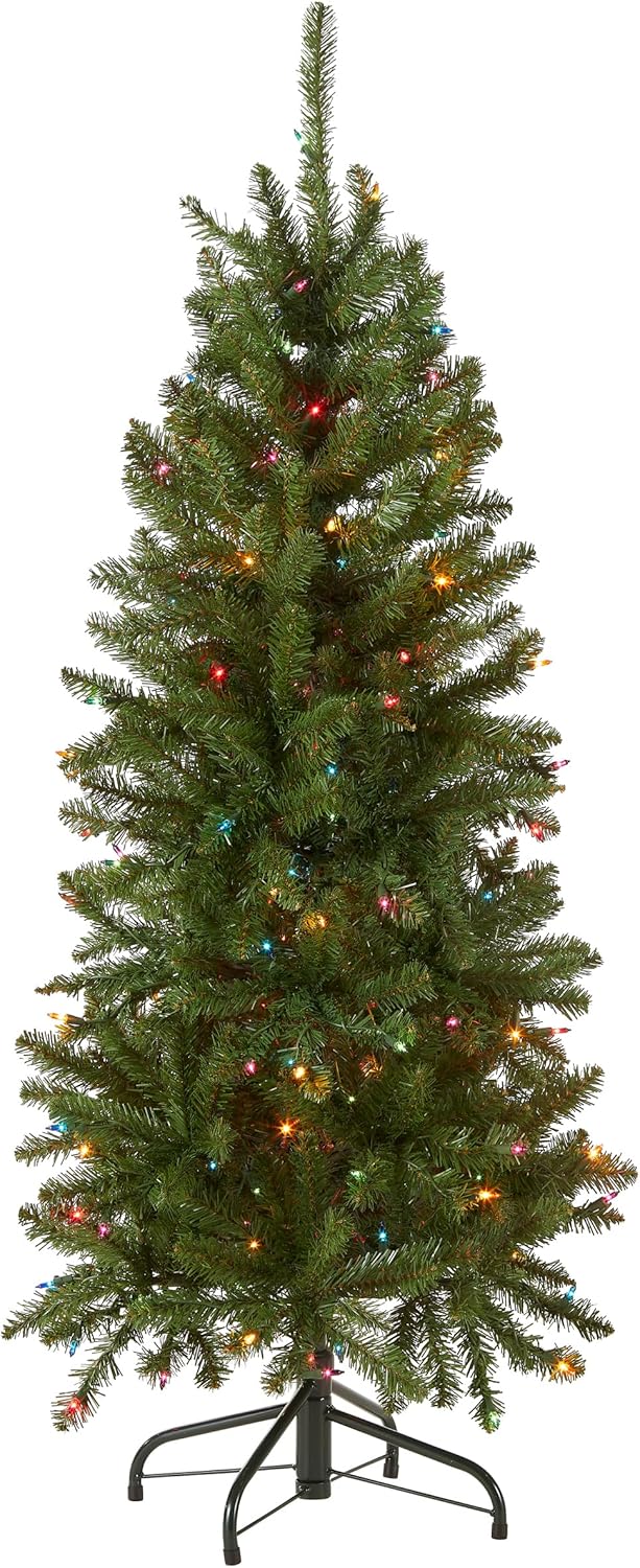 National Tree Company 6.5 ft Pre-Lit Kingswood Fir Slim Artificial Christmas Tree, 250 Multicolor Lights, 719 Tips, Includes Stand, Green