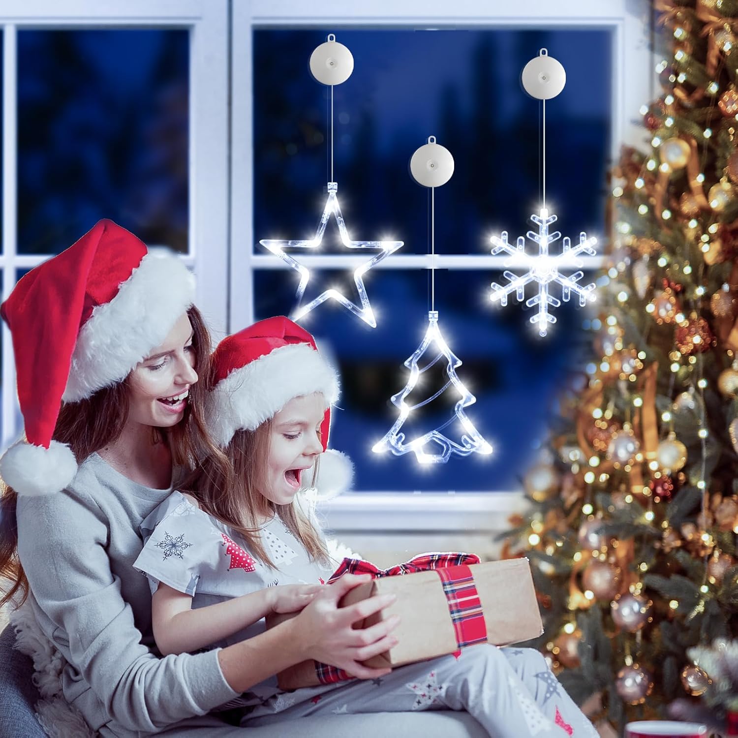 LYUBASA 3Pack Christmas Window Lights Decorations with Timer, Battery Powered Christmas Hanging White Lighted Snowflake Shaped LED Sucker for Xmas Lamp Tree Fireplace Indoor Decor