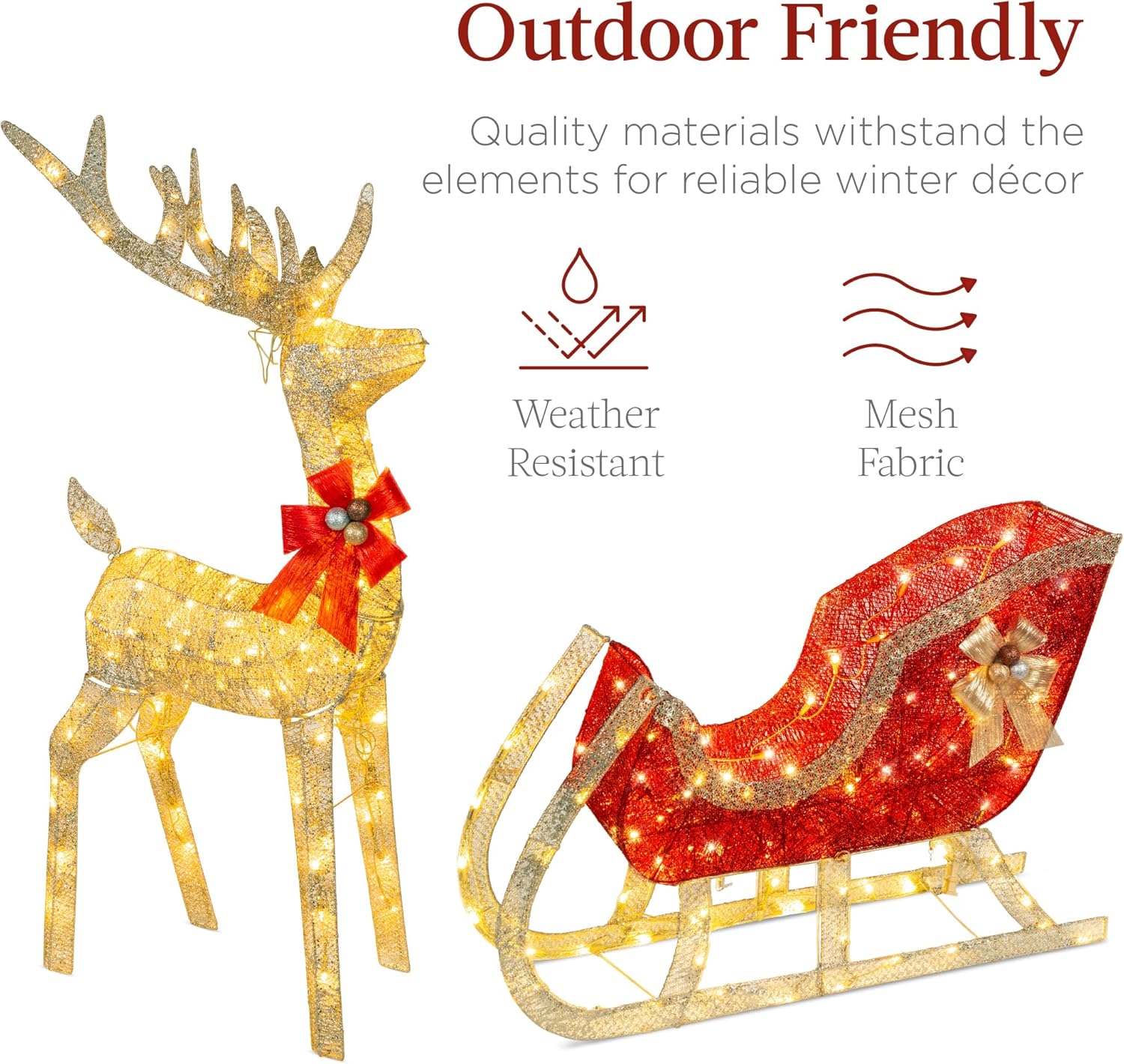 Best Choice Products Lighted Christmas 4ft Reindeer & Sleigh Holiday Outdoor Yard Decoration Set w/ 205 LED Lights, Stakes, Zip Ties - Gold
