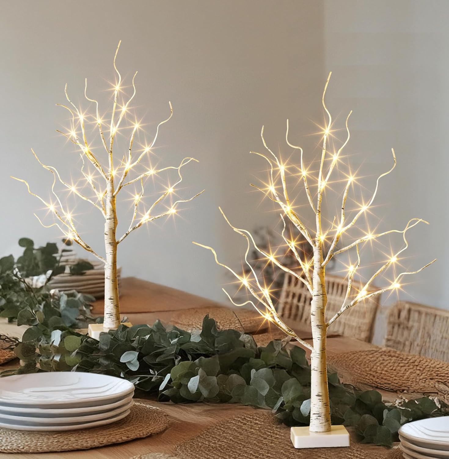 EAMBRITE Home Decorations Light Up White Birch Tree Indoor Christmas Decor, 4 Pack Battery Operated/USB Lighted Tabletop Money Tree Lamp Led Lights Xmas Wedding Centerpiece Table Room (2 Ft)