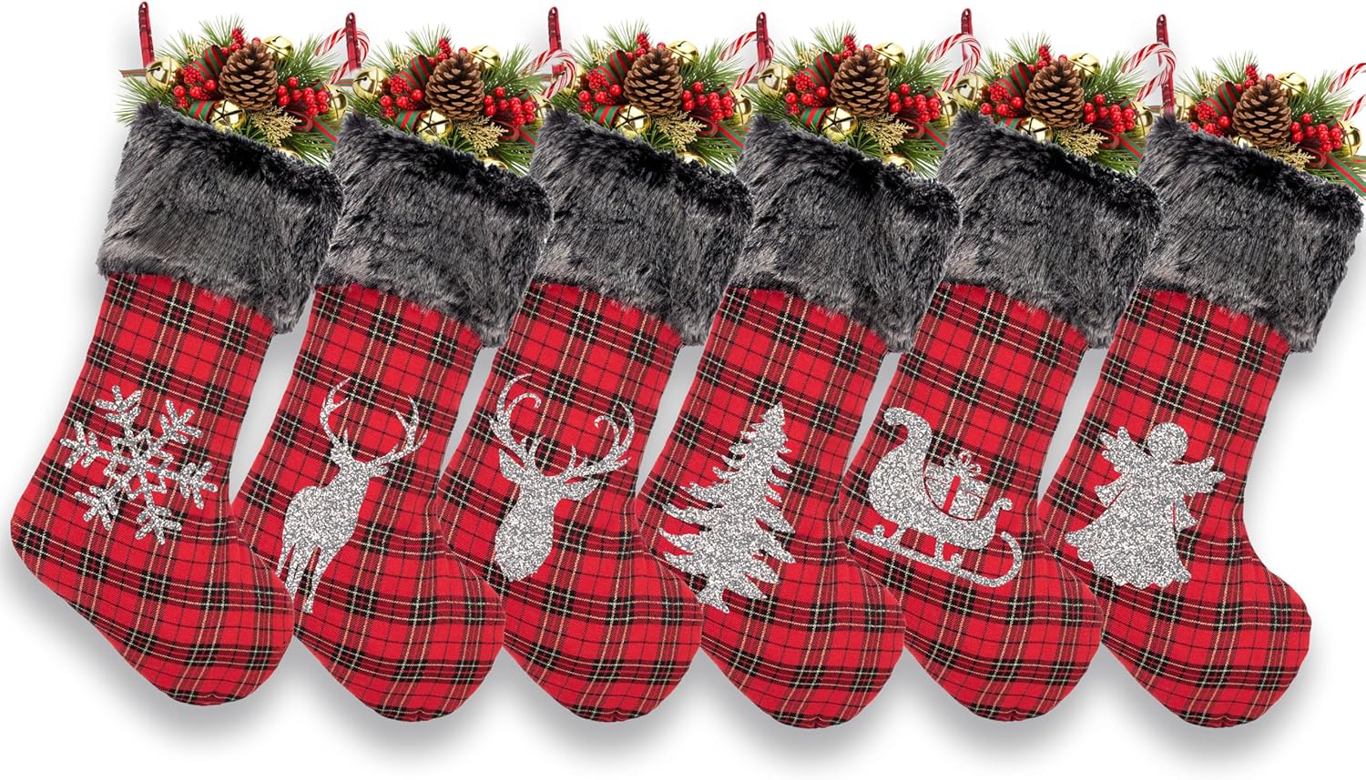 LUBOT Set of 8 Christmas Stocking(20inch) Silhouette Buffalo Red Plaid/Rustic/Farmhouse/Country Cotton Fireplace Hanging Xmas Stockings Decorations for Family Holiday Season Decor