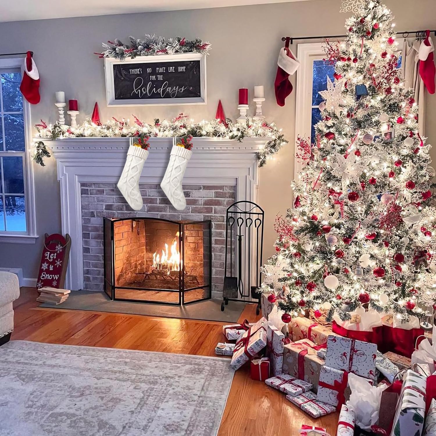 Fesciory 4 Pack Christmas Stockings 18 Inches Large Size Cable Knitted Stocking Gifts & Decorations for Family Holiday Xmas Party, Ivory White