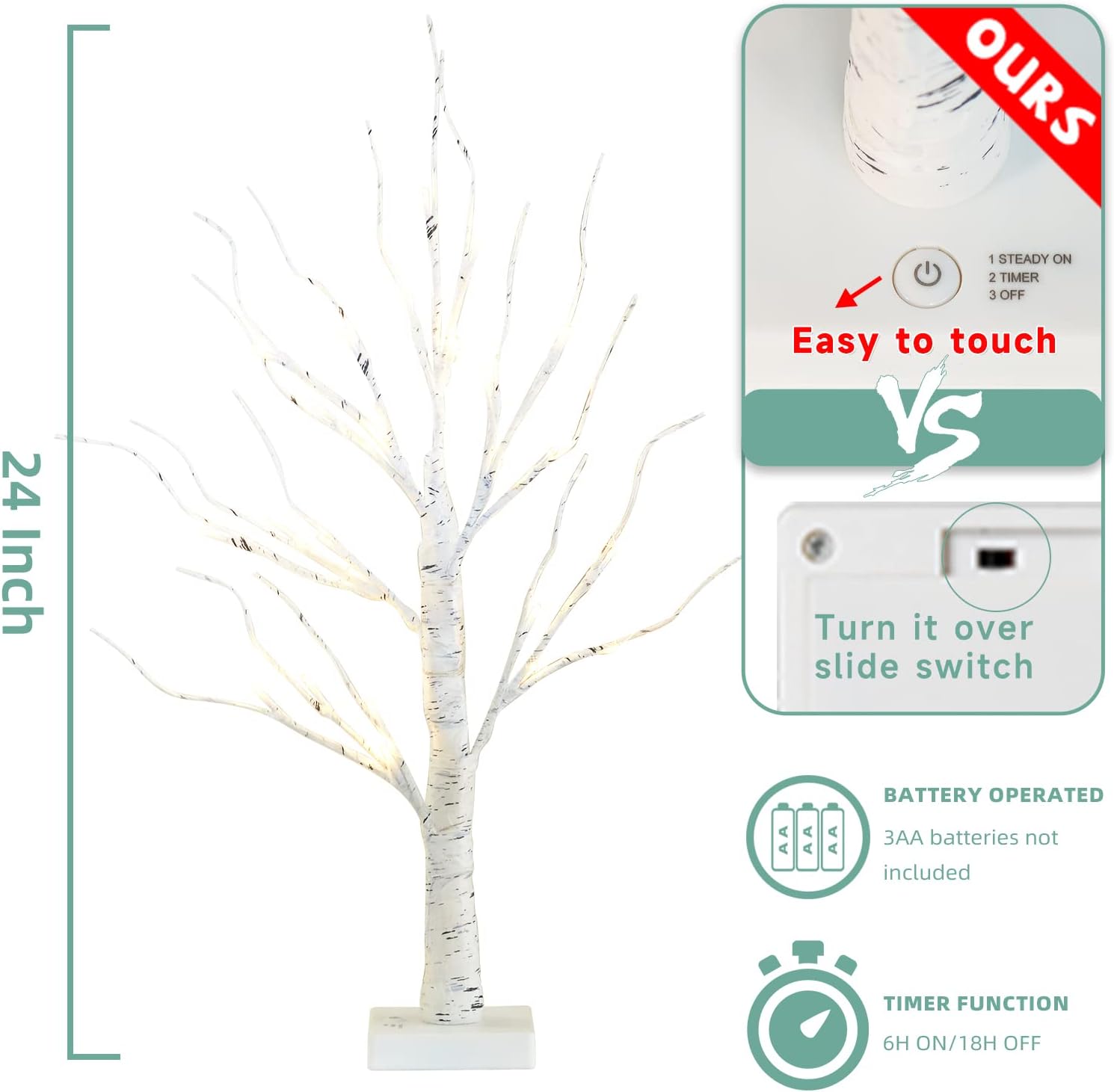EAMBRITE Home Decorations Light Up White Birch Tree Indoor Christmas Decor, 4 Pack Battery Operated/USB Lighted Tabletop Money Tree Lamp Led Lights Xmas Wedding Centerpiece Table Room (2 Ft)