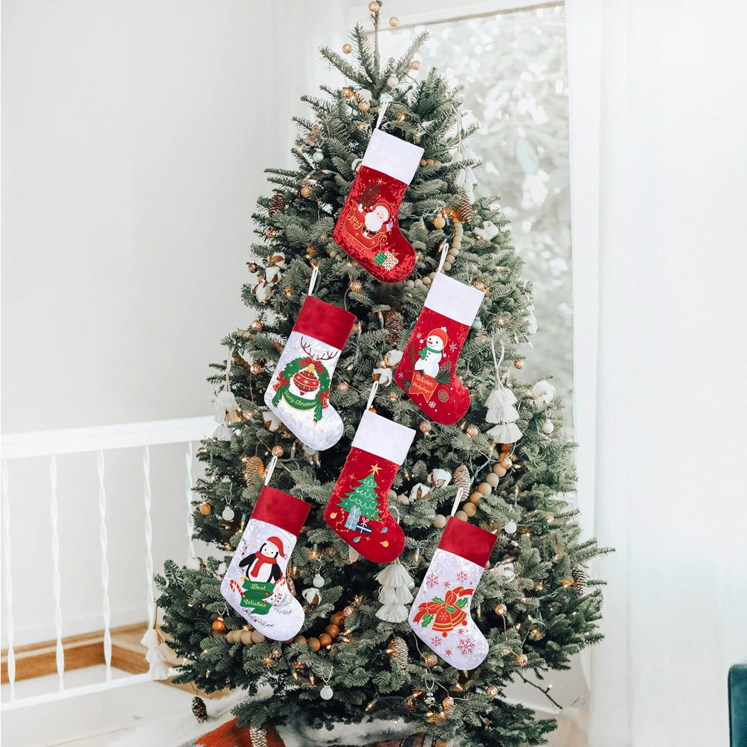 LUBOT Set of 8 Christmas Stocking(20inch) Silhouette Buffalo Red Plaid/Rustic/Farmhouse/Country Cotton Fireplace Hanging Xmas Stockings Decorations for Family Holiday Season Decor