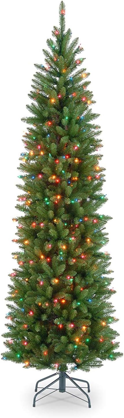 National Tree Company 6.5 ft Pre-Lit Kingswood Fir Slim Artificial Christmas Tree, 250 Multicolor Lights, 719 Tips, Includes Stand, Green