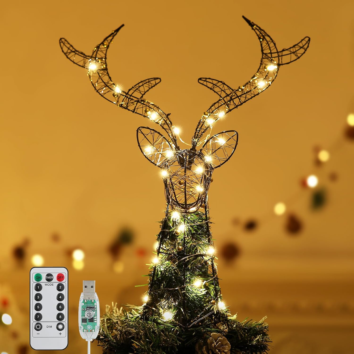 Roylvan Christmas Star Tree Topper with 8 Lighting Modes, USB Lighted Tree Topper with 20 LED Lights, Shiny Treetop Christmas Tree Decoration for Indoor Outdoor Holiday Home Ornament Gift, 9.8 Inch(H)