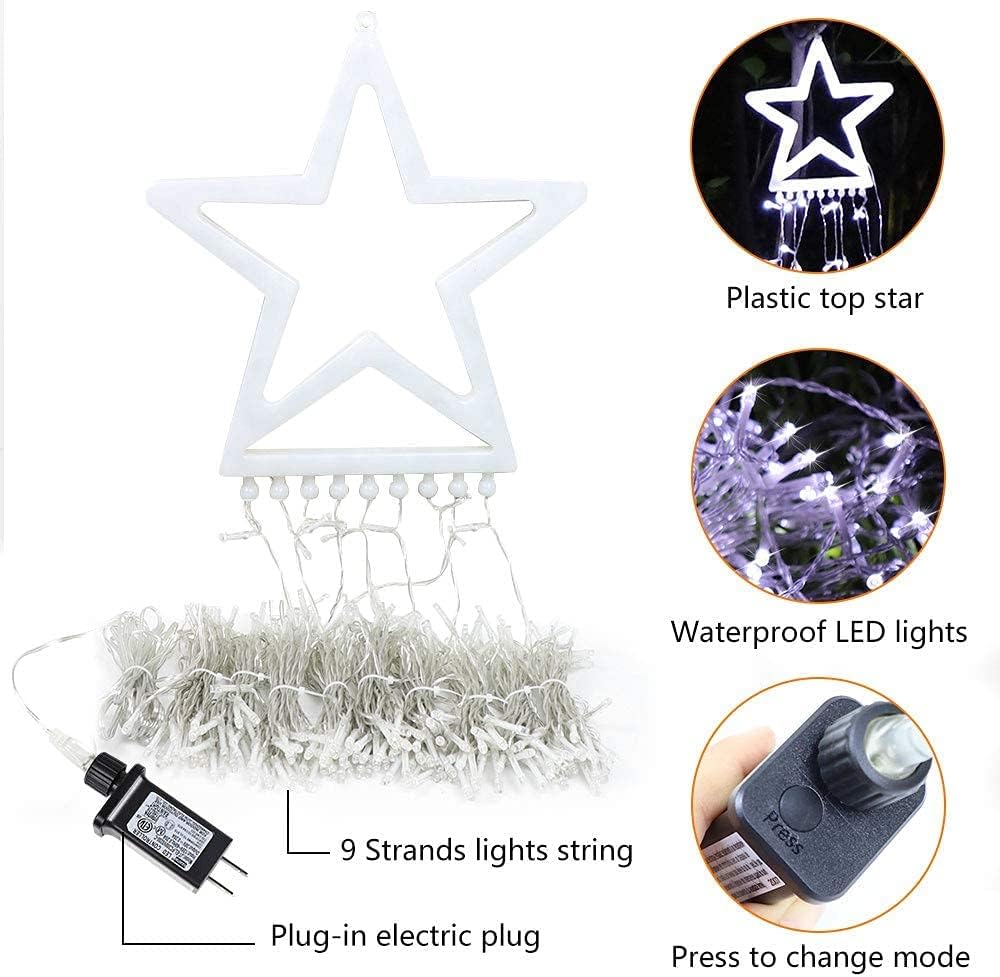 PUHONG Christmas Lights, Decorations Star Lights, 320 LED Christmas Tree Lights Outdoor, 16.4Ft String Lights, 8 Light Modes with 12 Lighted Star for Xmas New Year (Iron-Multicolor)