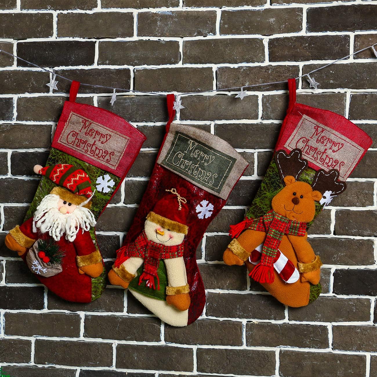 Sunnyglade 3PCS 18 Christmas Stocking Classic Large Stockings Santa, Snowman, Reindeer Xmas Character for Family Holiday Christmas Party Decorations