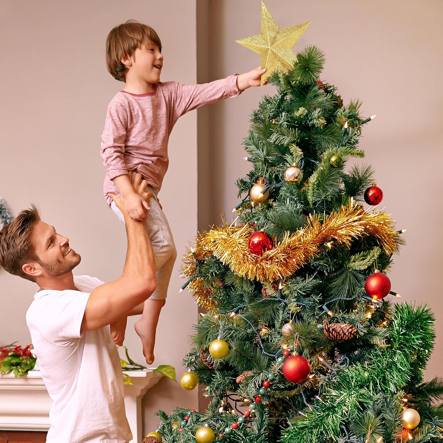 Christmas Tree Star Topper, 8 Gold Xmas Star Tree Decorations, 3D Shatterproof Bethlehem Star Tree Topper Decorations, Waterproof Christmas Tree Topper Decor for Holiday Home Outdoor Ornament