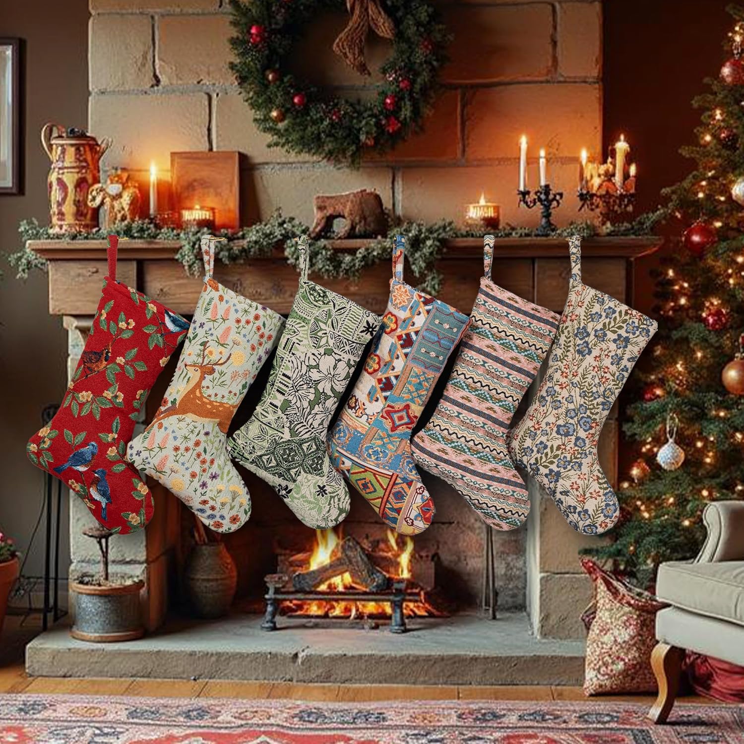 LUBOT Set of 8 Christmas Stocking(20inch) Silhouette Buffalo Red Plaid/Rustic/Farmhouse/Country Cotton Fireplace Hanging Xmas Stockings Decorations for Family Holiday Season Decor