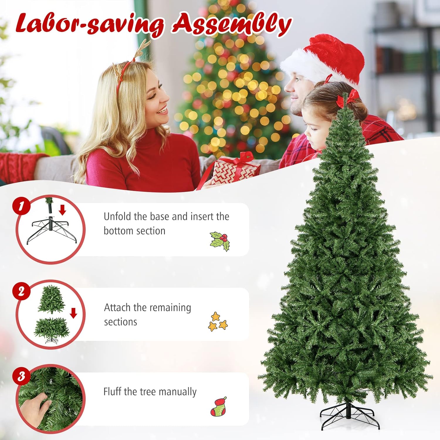 Goplus 8ft Artificial Christmas Tree, Unlit Christmas Pine Tree with 1138 PVC Branch Tips, Foldable Metal Stand, Xmas Full Tree for Indoor Home Office Decor