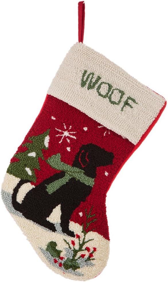Glitzhome 19 L Handmade Hooked Dog Christmas Stocking for Family Holiday Season Party Decor