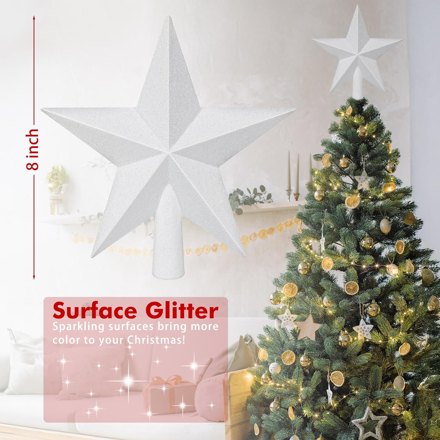 Christmas Tree Star Topper, 8 Gold Xmas Star Tree Decorations, 3D Shatterproof Bethlehem Star Tree Topper Decorations, Waterproof Christmas Tree Topper Decor for Holiday Home Outdoor Ornament