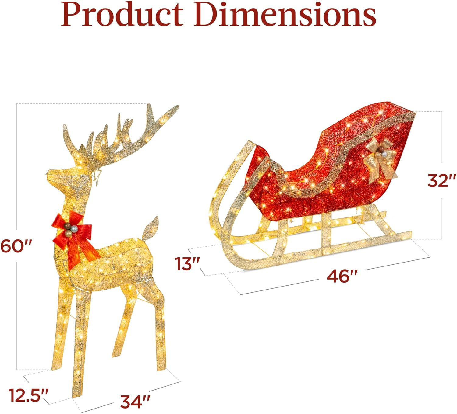 Best Choice Products Lighted Christmas 4ft Reindeer & Sleigh Holiday Outdoor Yard Decoration Set w/ 205 LED Lights, Stakes, Zip Ties - Gold