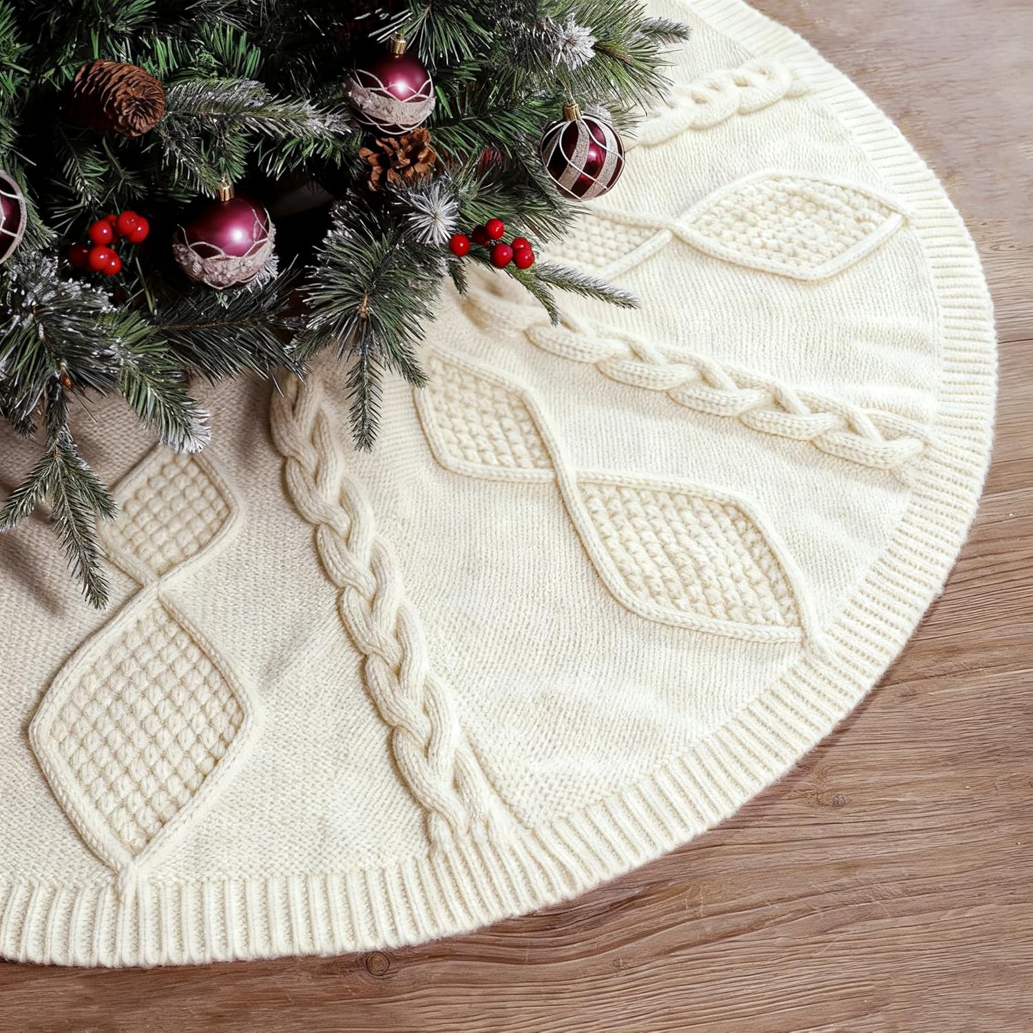 48 Inch Christmas Tree Skirt: Braided Cable Knit Tree Skirt for 7.5FT Tree, Cream White Tree Skirt, Vintage Tree Skirts, Rustic Farmhouse Christmas Decorations