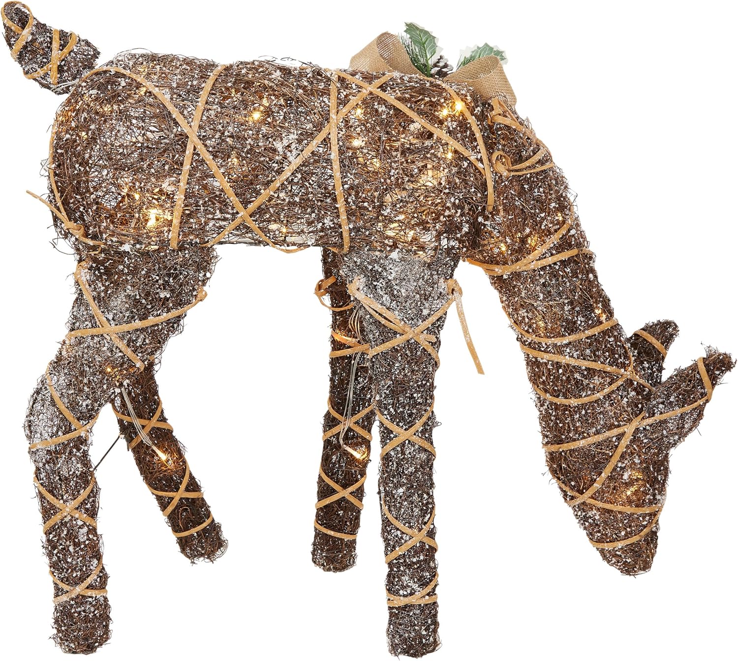 Alpine Corporation 24 Tall Outdoor Rattan Grazing Reindeer Lawn Decoration with White LED Lights, Christmas Yard Decor, Holiday Garden Display