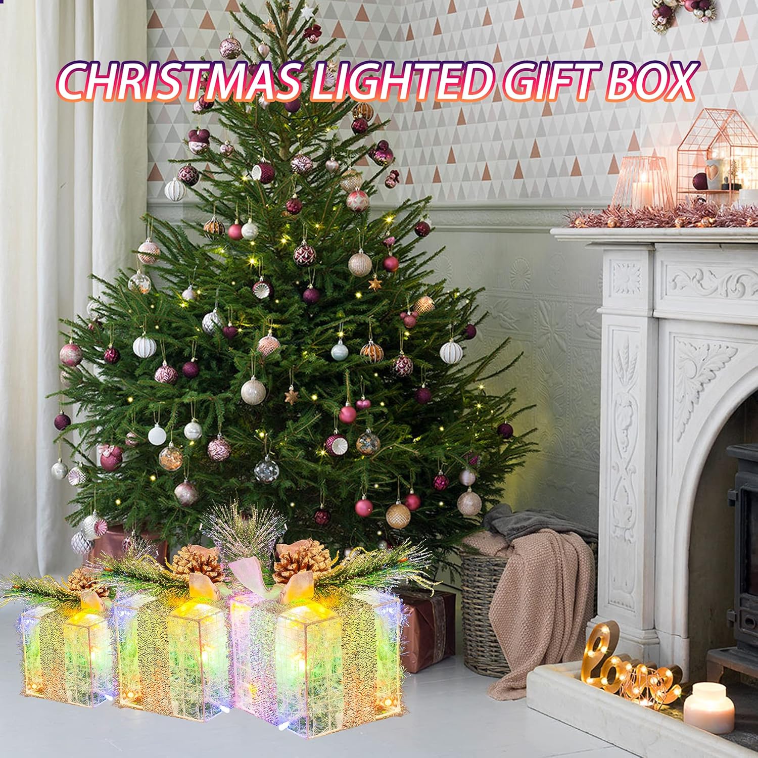 Hourleey Set of 3 Christmas Lighted Gift Boxes, Pre-lit 60 LED Light Up Present Boxes Ornament Outdoor Warm White Tinsel Boxes Decoration for Indoor Christmas Home Yard Lawn Decor