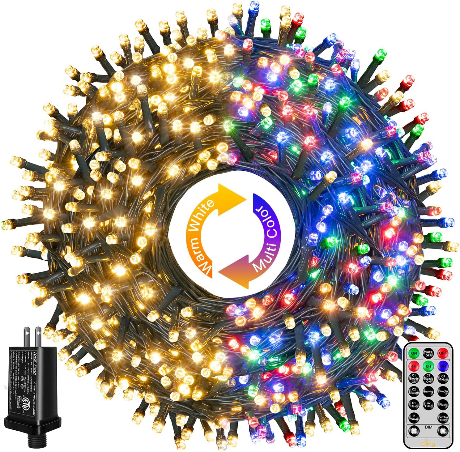 Ollny Christmas Lights, 210FT 640LED Christmas Tree Lights with 11 Modes Remote Control IP44 Waterproof Warm White to Multicolored Outdoor Christmas Lights for Outside Indoor Patio Xmas Decorations