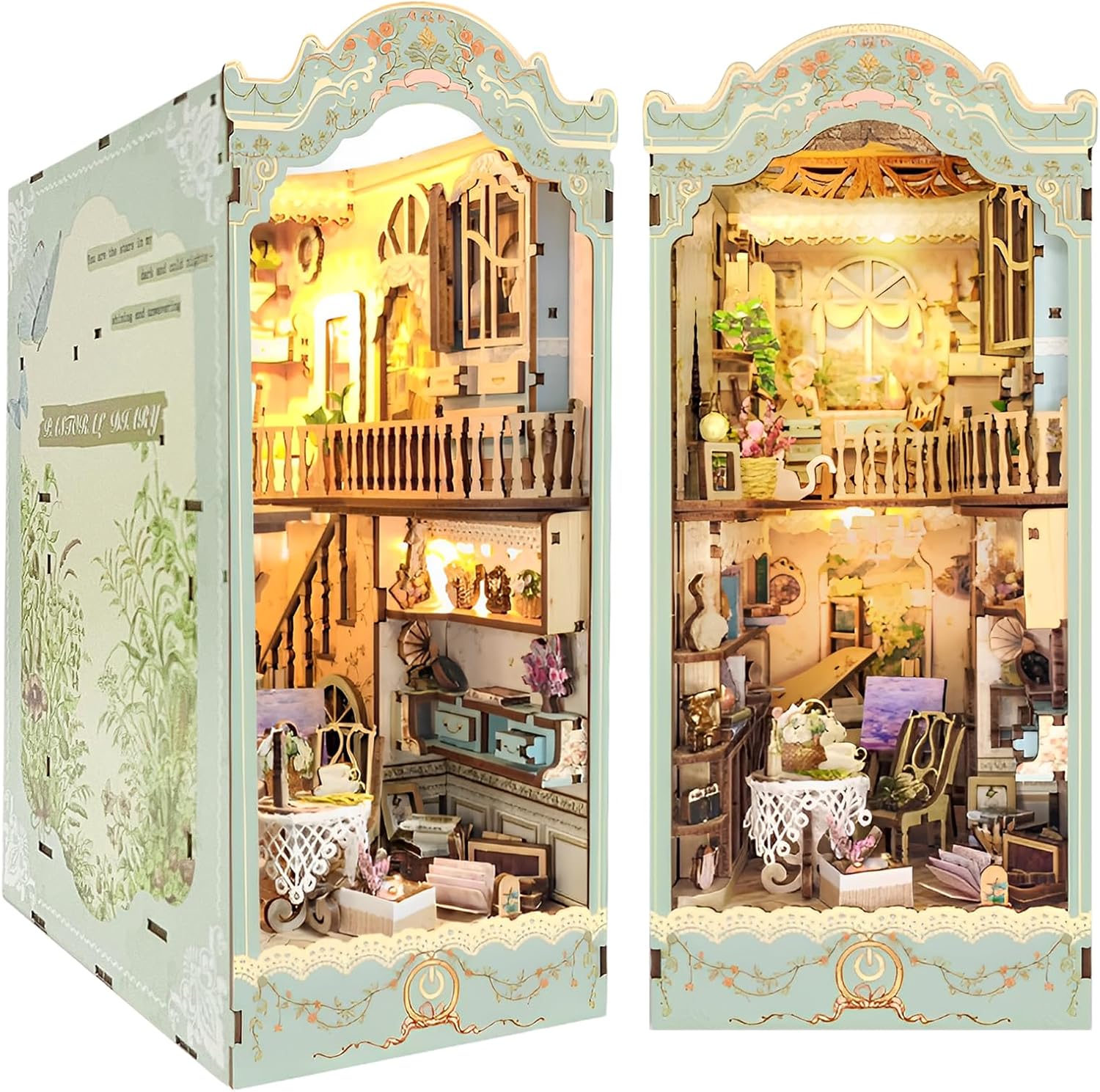 CRIOLPO Book Nook Kit - DIY Doll House Booknook, Book Nook Miniature Kit for Bookshelf Doll Houses for Adults Teen Halloween, 3D Wooden Puzzle Bookends with Sensor Led Light