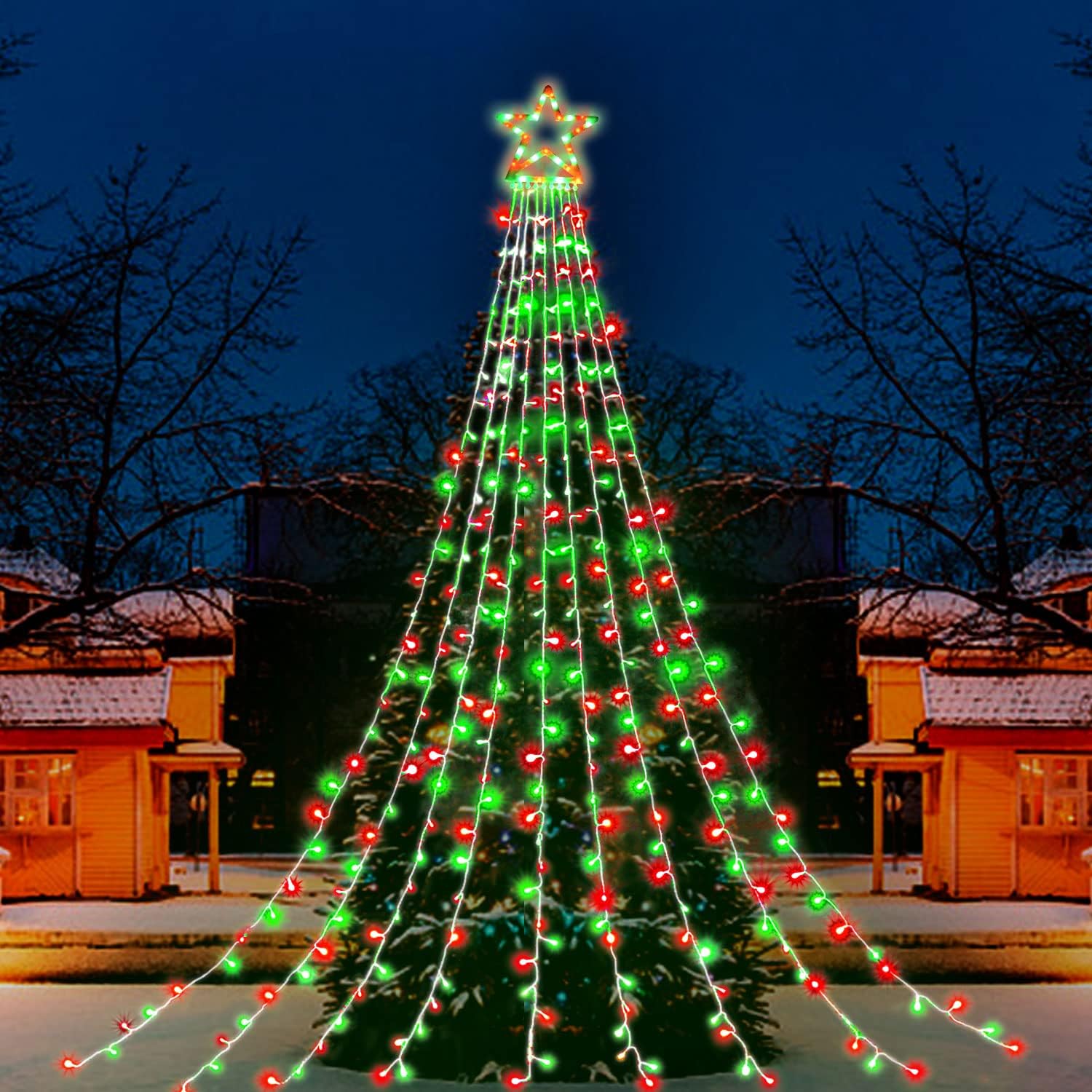 PUHONG Christmas Lights, Decorations Star Lights, 320 LED Christmas Tree Lights Outdoor, 16.4Ft String Lights, 8 Light Modes with 12 Lighted Star for Xmas New Year (Iron-Multicolor)