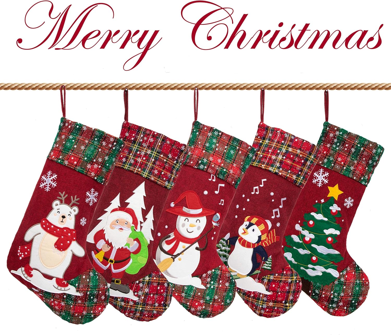 LUBOT Set of 8 Christmas Stocking(20inch) Silhouette Buffalo Red Plaid/Rustic/Farmhouse/Country Cotton Fireplace Hanging Xmas Stockings Decorations for Family Holiday Season Decor