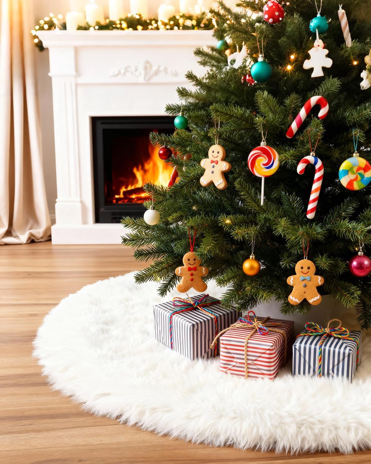 48 Inches Faux Fur Christmas Tree Skirt for Xmas Tree Holiday Party Decorations White Plush Silver Sequin Snowflake (Silver)