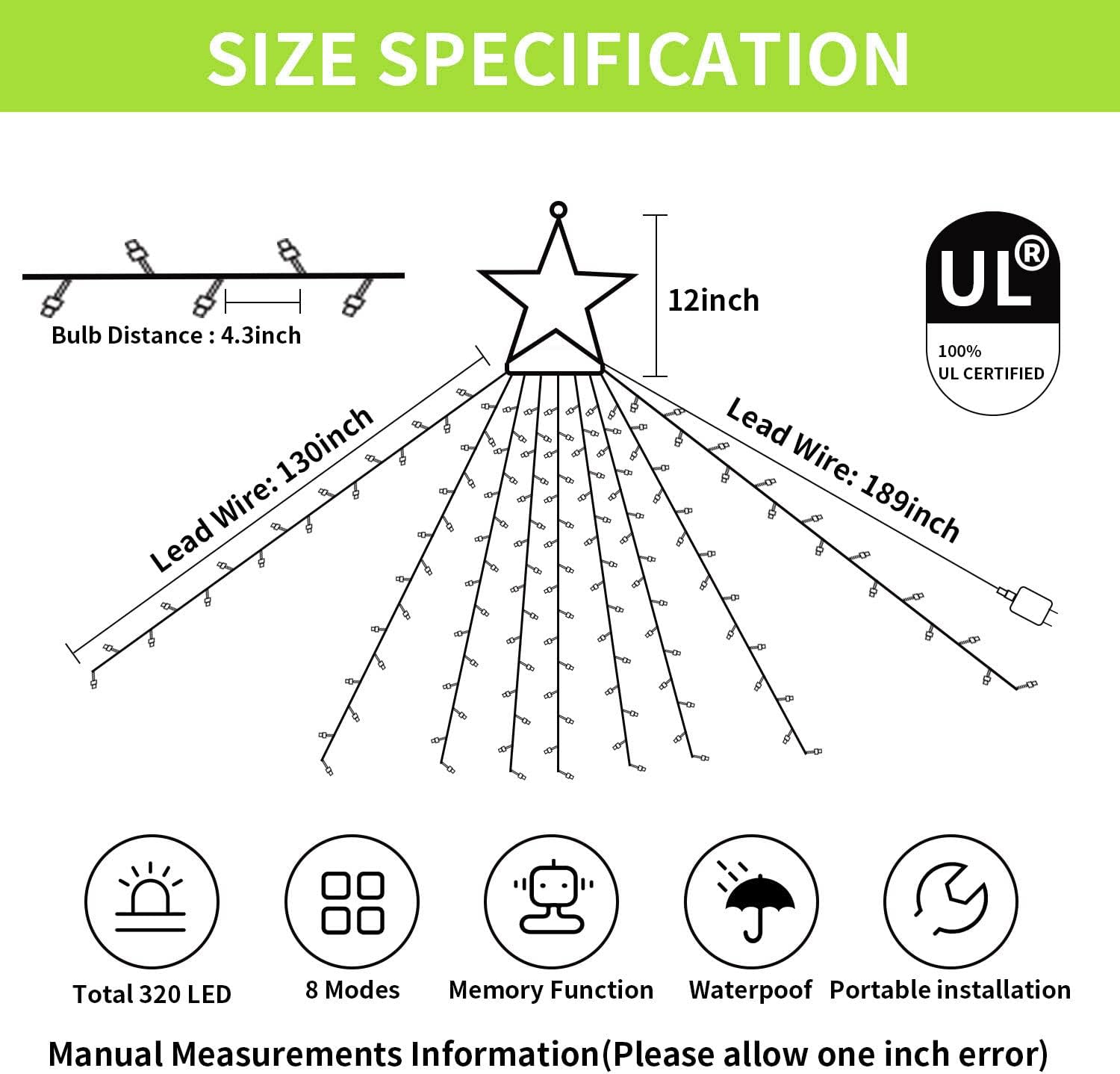 PUHONG Christmas Lights, Decorations Star Lights, 320 LED Christmas Tree Lights Outdoor, 16.4Ft String Lights, 8 Light Modes with 12 Lighted Star for Xmas New Year (Iron-Multicolor)