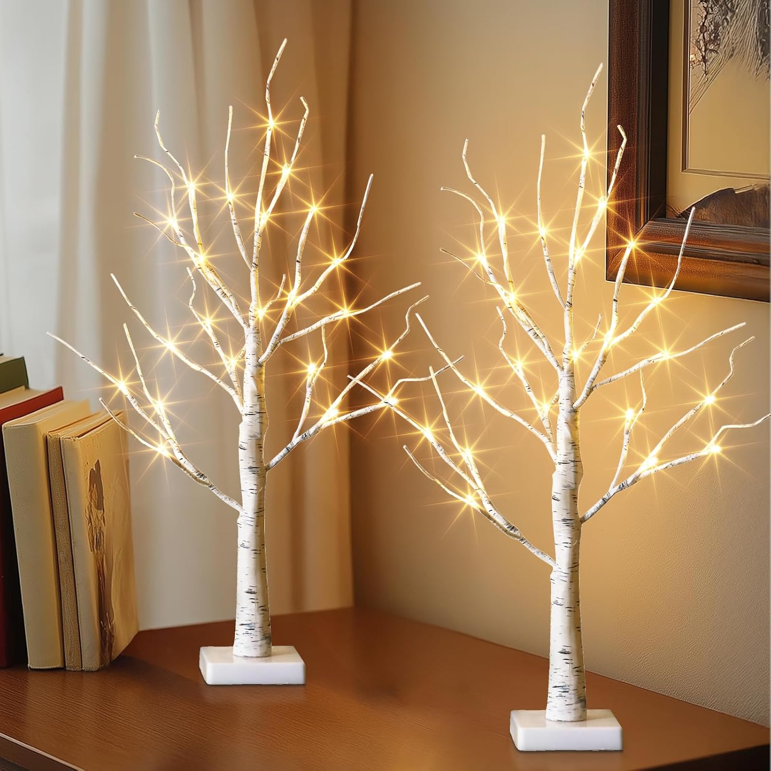 EAMBRITE Home Decorations Light Up White Birch Tree Indoor Christmas Decor, 4 Pack Battery Operated/USB Lighted Tabletop Money Tree Lamp Led Lights Xmas Wedding Centerpiece Table Room (2 Ft)