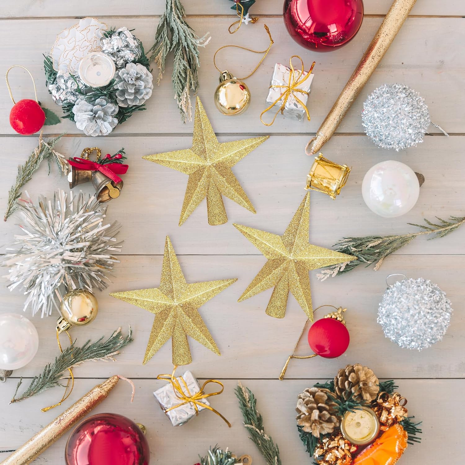 Christmas Tree Star Topper, 8 Gold Xmas Star Tree Decorations, 3D Shatterproof Bethlehem Star Tree Topper Decorations, Waterproof Christmas Tree Topper Decor for Holiday Home Outdoor Ornament