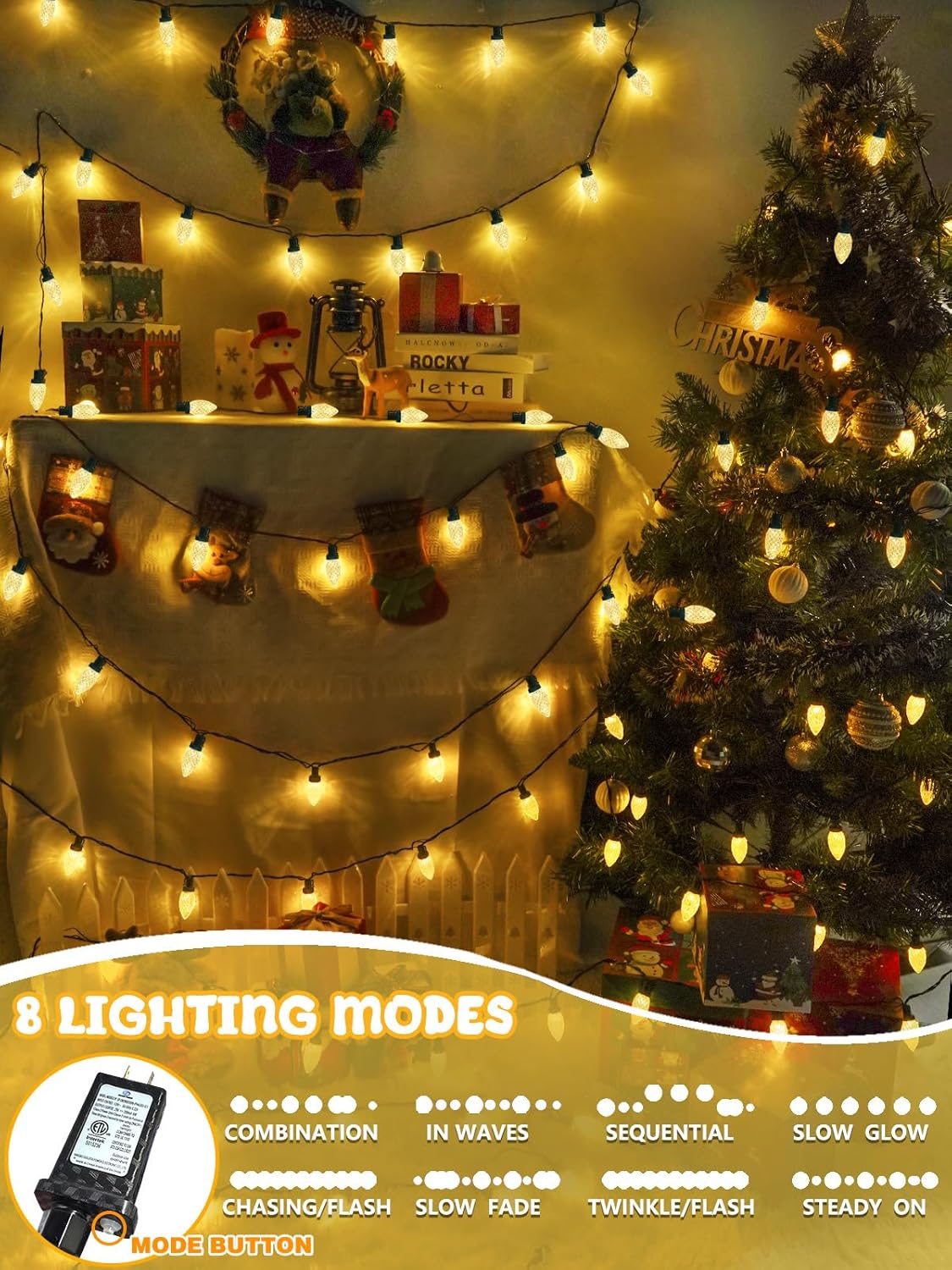 2-Pack Extentable C9 Christmas Lights Outdoor Indoor, 66 FT 100 LED Christmas String Lights Plug in with 8 Modes & Timer, Waterproof Fairy Twinkle Light for Xmas Tree Yard Decorations (Multi-Colored)