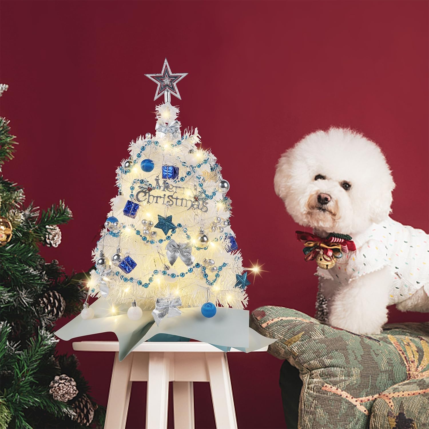 Juegoal 24 Inch Mini Christmas Tree Set, Table Top Artificial Christmas Trees with 50 LED Lights, Ornaments and Red Berries, Best DIY Christmas Decorations