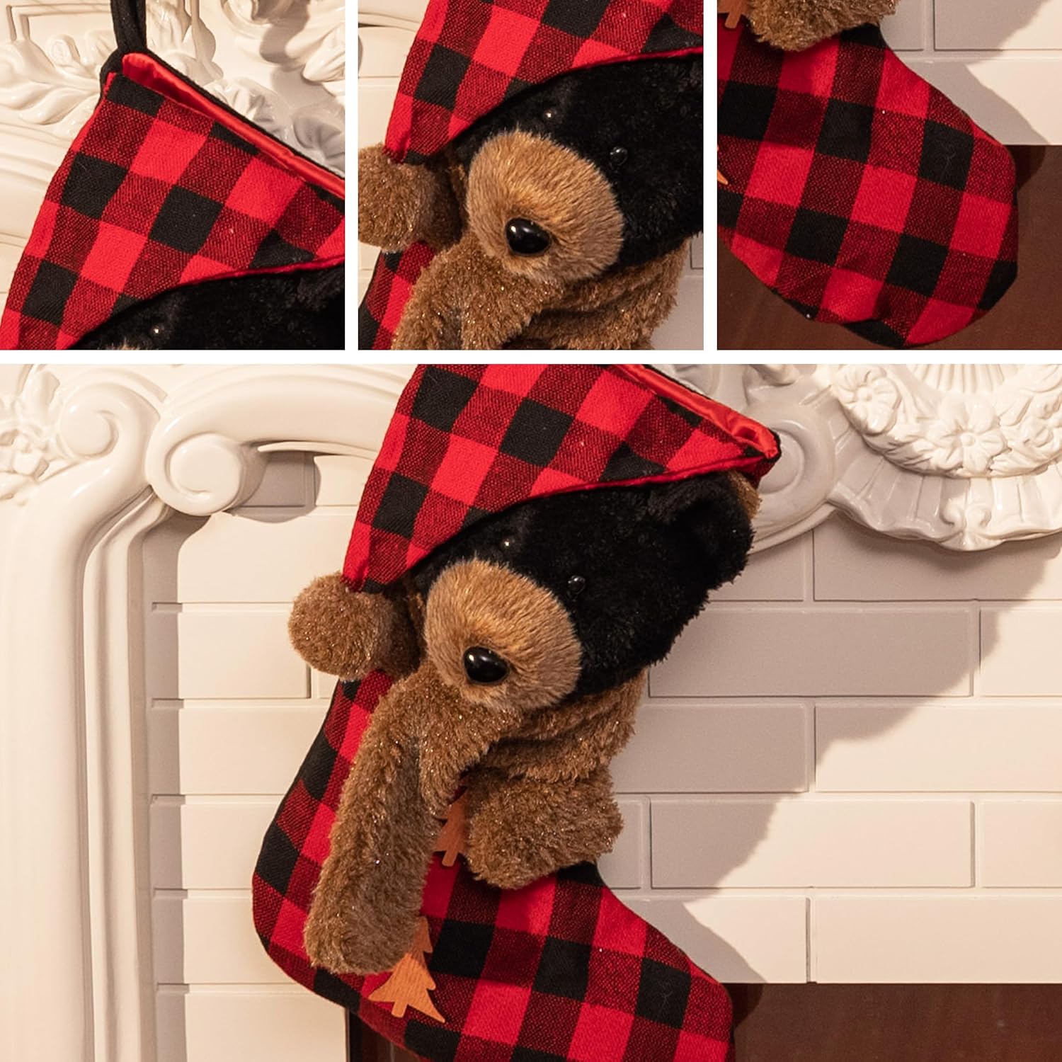 Valery Madelyn Christmas Stockings for Christmas Gifts & Decorations, 21 Inch Fabric Red Black Tartan Bear Cute Plush Personalized Fireplace Hanging Ornament for Holiday Xmas Party Decor