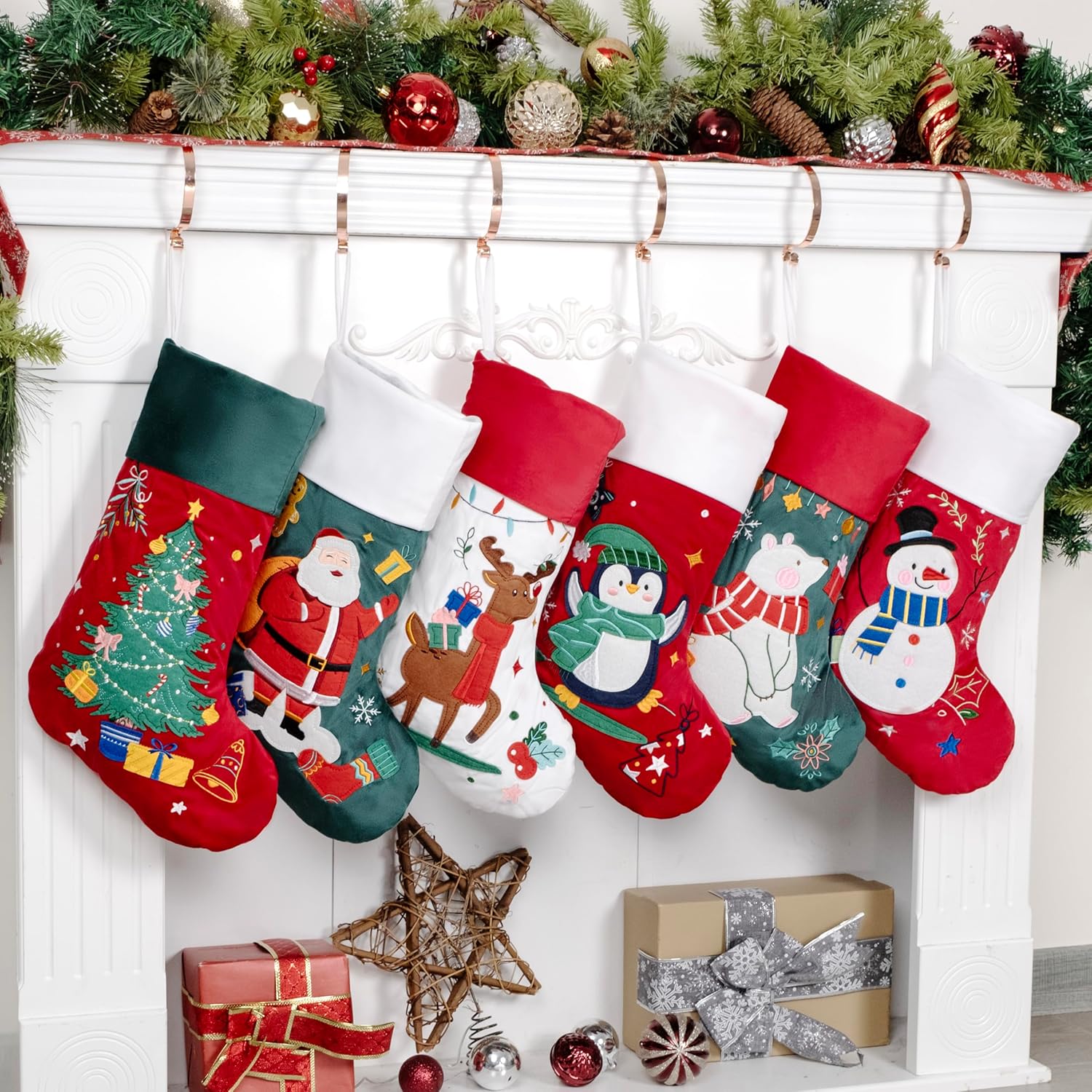 BHD BEAUTY Set of 6 Christmas Stockings Gray Burlap Buffalo Red Plaid Soft Faux Fur 20 Inches Lovely Embroidery Pattern for Family Decorations Hanging Ornament for Xmas Holiday Party