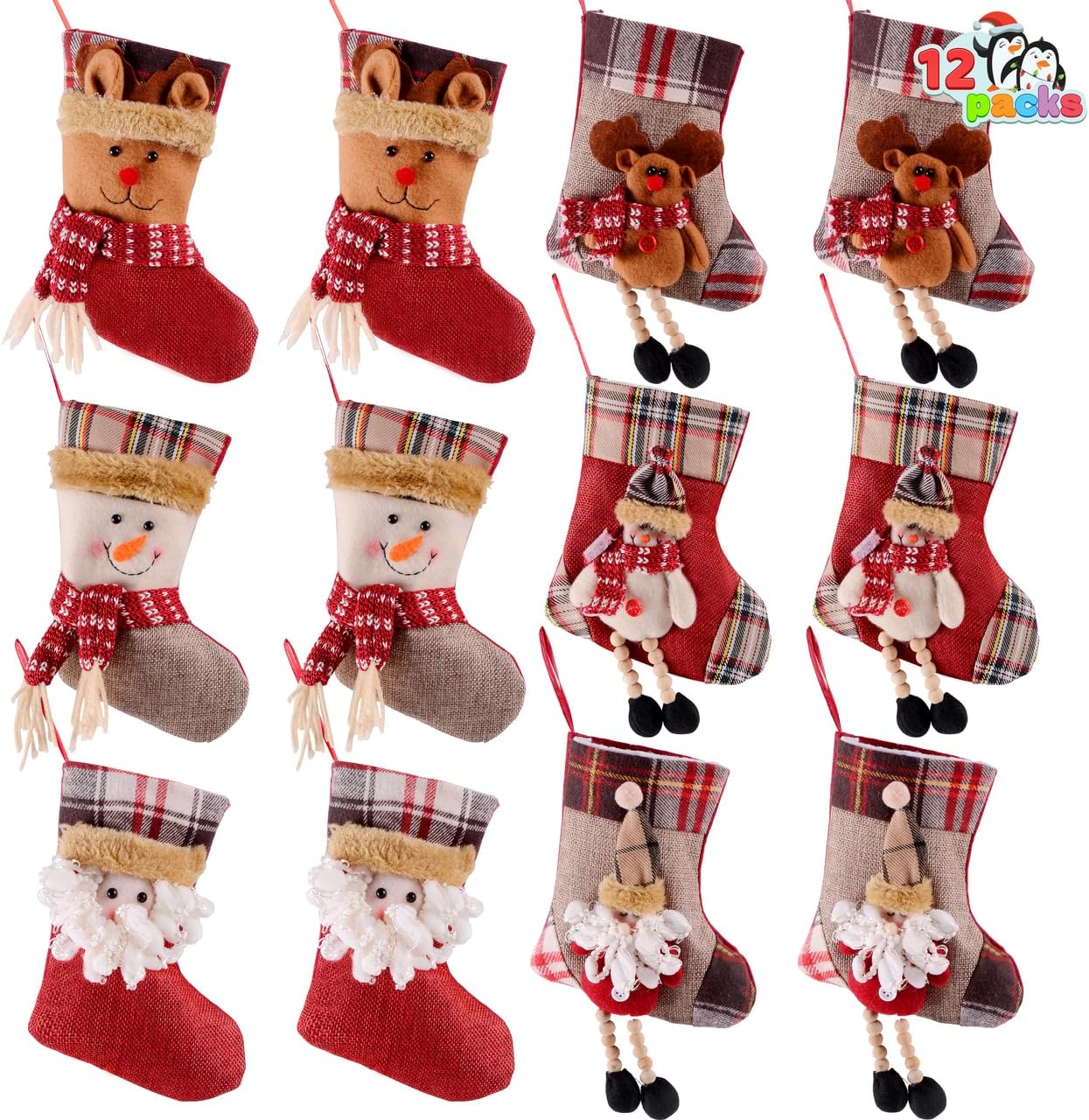 JOYIN 12 Pcs Mini Christmas 3D Bulk Xmas Stockings Santa Snowman Reindeer Burlap Stockings for Present Holders Treat Bags Christmas Tree Decoration Xmas Party Decors