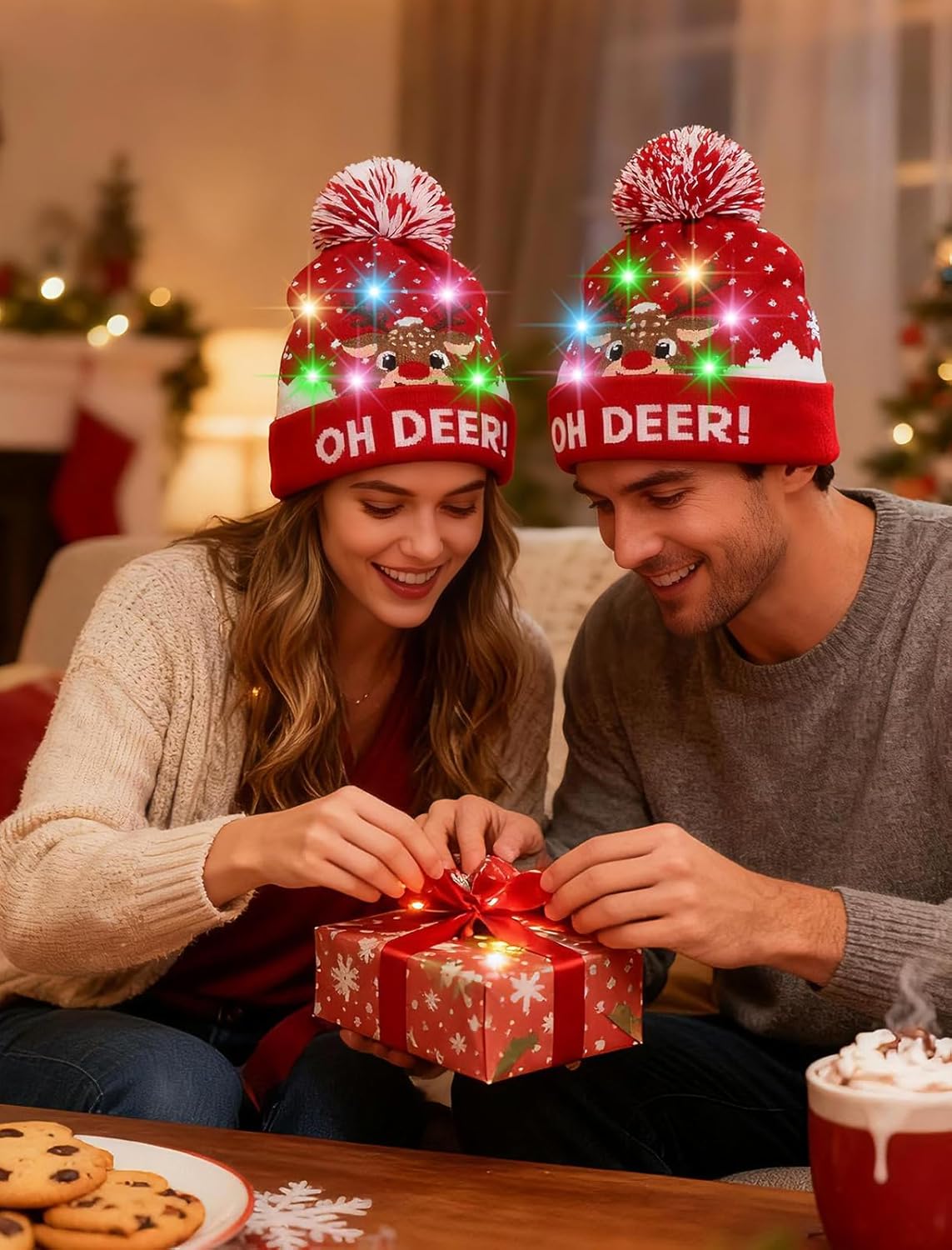 Unisex Ugly LED Christmas Hat Novelty Colorful Light-up Stylish Knitted Sweater Xmas Party Beanie Cap(6 Lights)