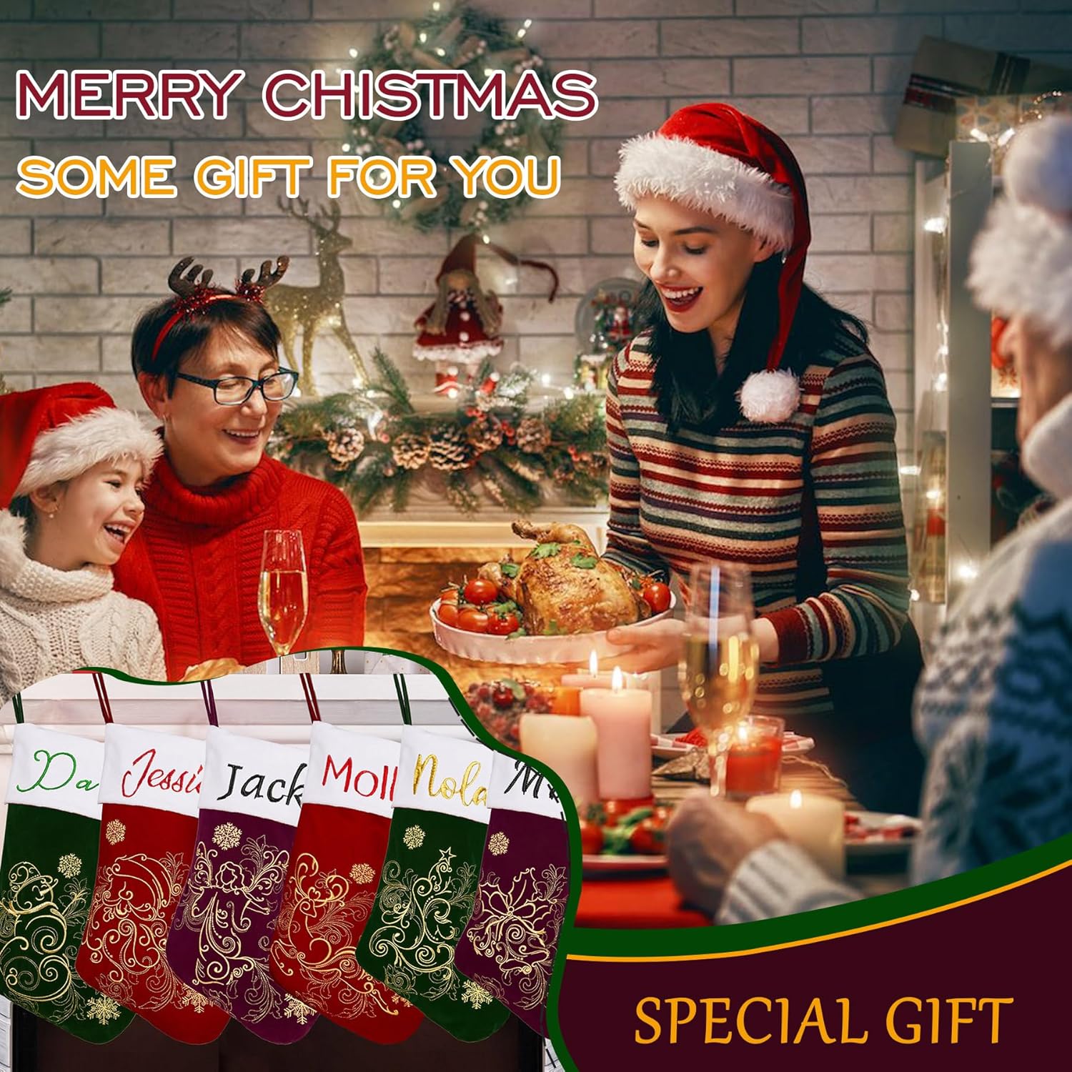 Flycalf Velvet Christmas Stockings 6 Pack Large 20 Inches with Hanging Loop Embroidery Classic Luxury Family Ornament Fireplace Hanging Stockings for Christmas Decorations