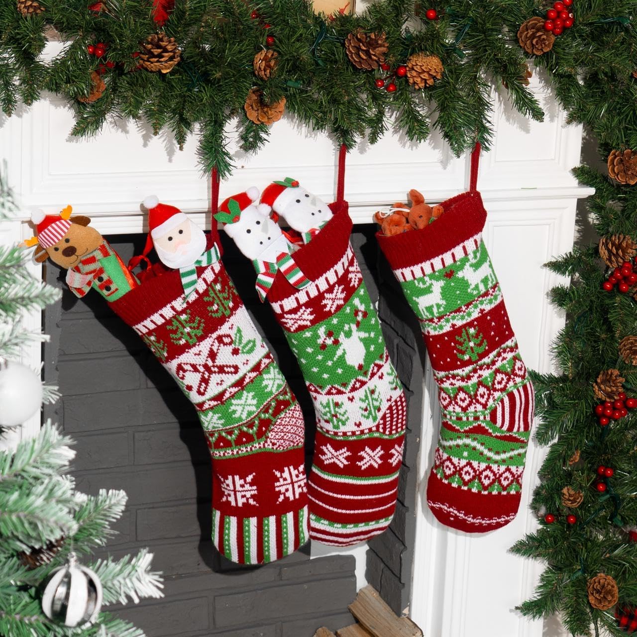 JOYIN 3 Pack 18” Christmas Stockings, Large Size Rustic Cable Knit Xmas Stocking in Red & Green, for Family Holiday Season Decorations