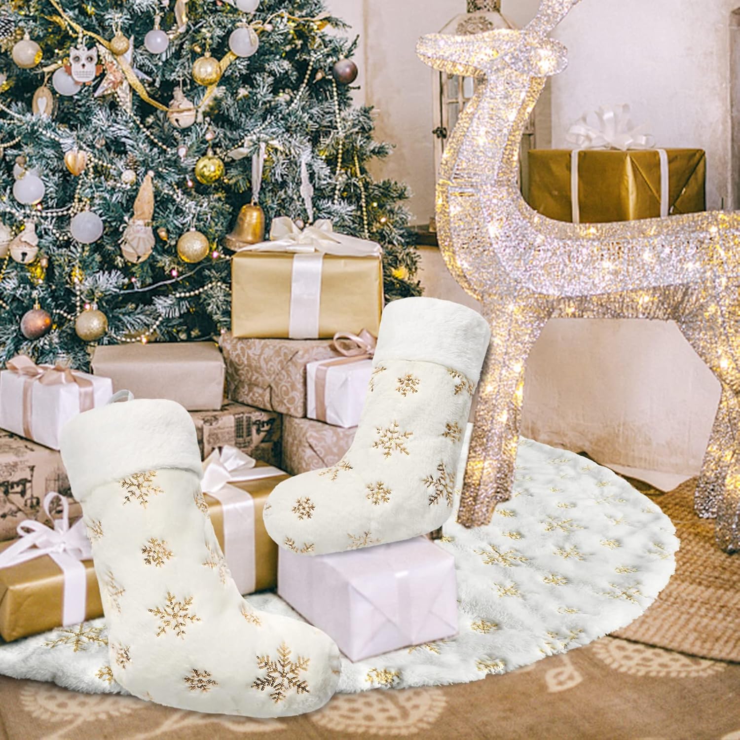 Dremisland 4 Pack Christmas Stockings - 20 Inch Cream White Faux Fur Xmas Stockings with Silver Sequin Snowflakes Super Soft Thick Plush Xmas Stockings for Christmas Decoration Holiday Decor (Sliver)