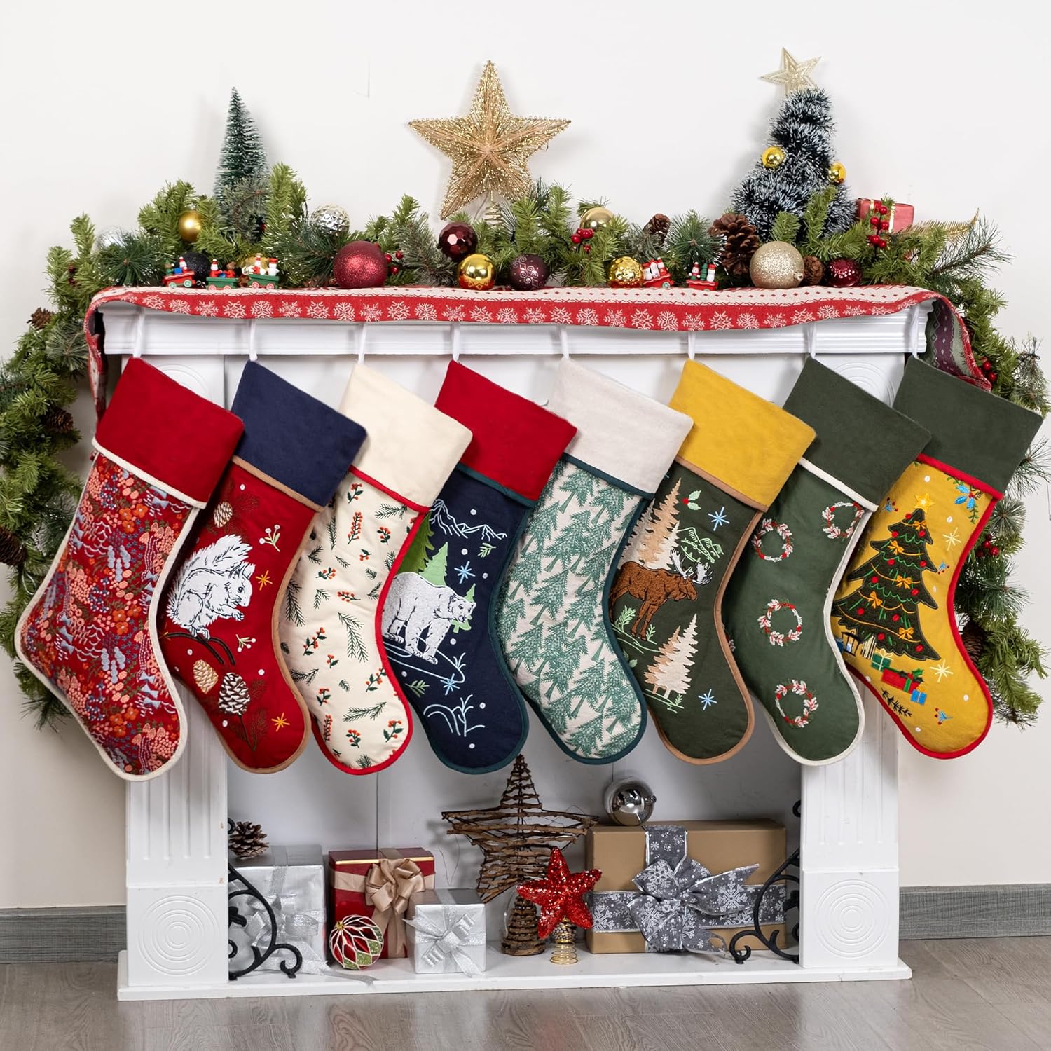 BHD BEAUTY Set of 6 Christmas Stockings Gray Burlap Buffalo Red Plaid Soft Faux Fur 20 Inches Lovely Embroidery Pattern for Family Decorations Hanging Ornament for Xmas Holiday Party