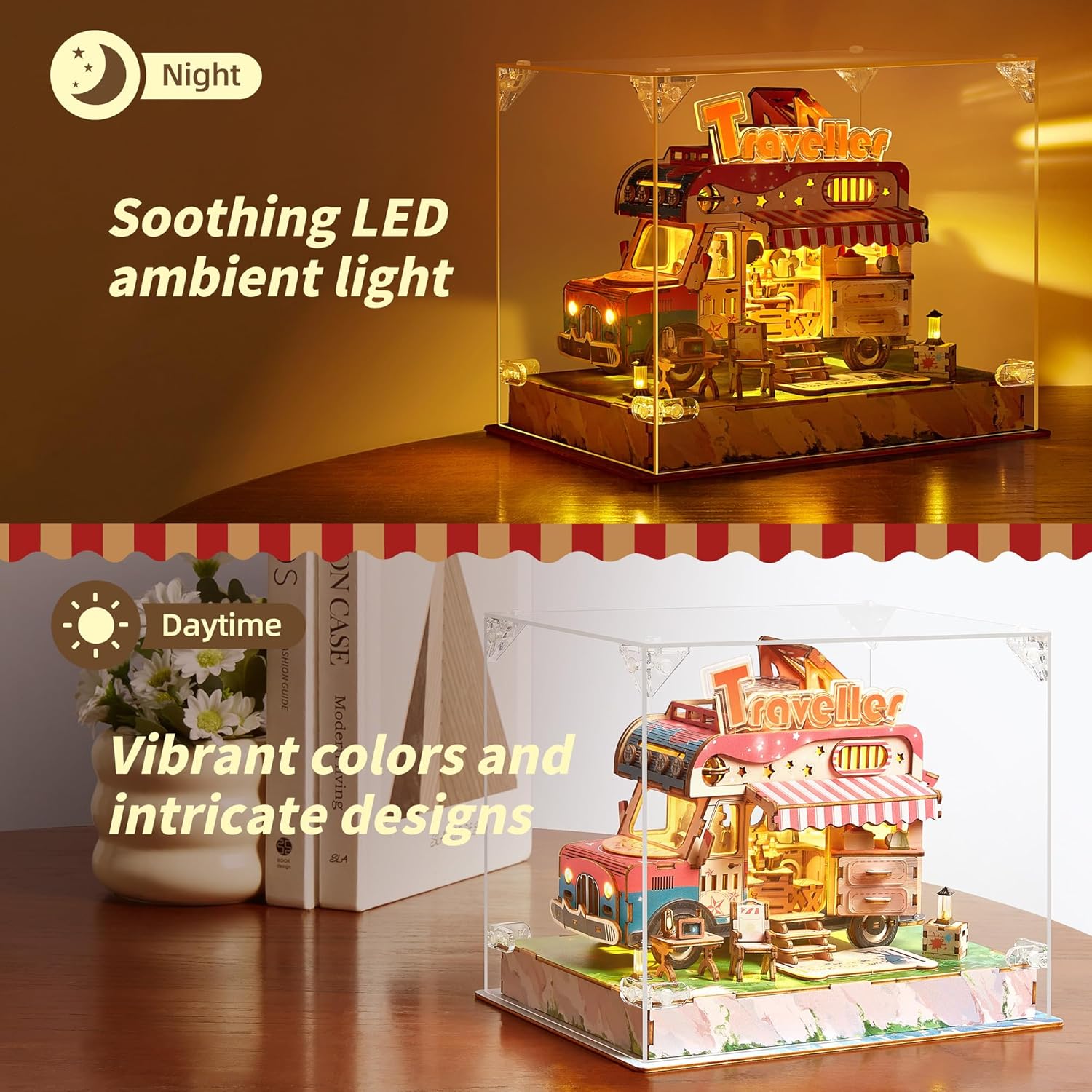 FUNPOLA 3D Wood Puzzle Travel Truck Model - DIY Miniature Adventure Truck Kit with LED Lights - Creative Gift for Kids and Adults(Travel Truck)