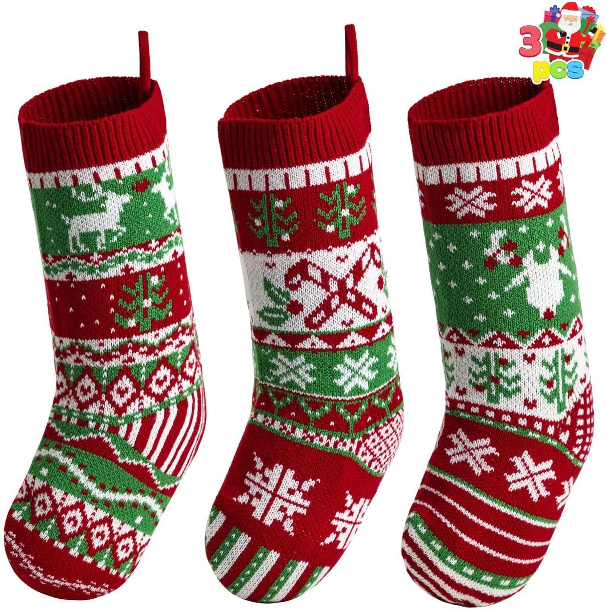 JOYIN 3 Pack 18” Christmas Stockings, Large Size Rustic Cable Knit Xmas Stocking in Red & Green, for Family Holiday Season Decorations
