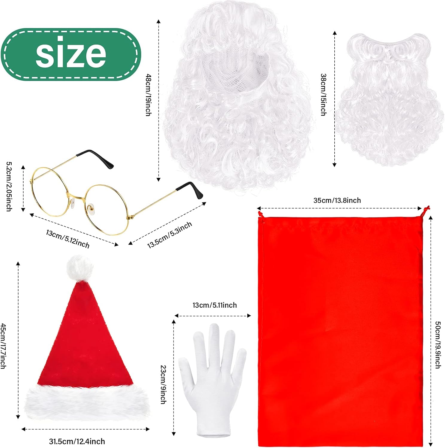 Christmas Santa Costume Set Includes Christmas Santa Hat Beard Wig White Gloves Glasses Present Bag for Xmas Costume