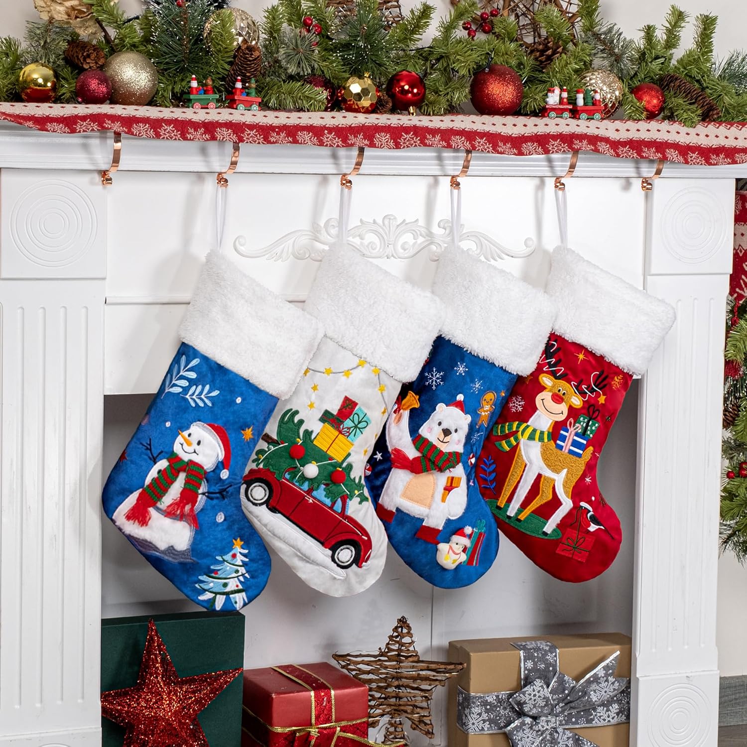 BHD BEAUTY Set of 6 Christmas Stockings Gray Burlap Buffalo Red Plaid Soft Faux Fur 20 Inches Lovely Embroidery Pattern for Family Decorations Hanging Ornament for Xmas Holiday Party