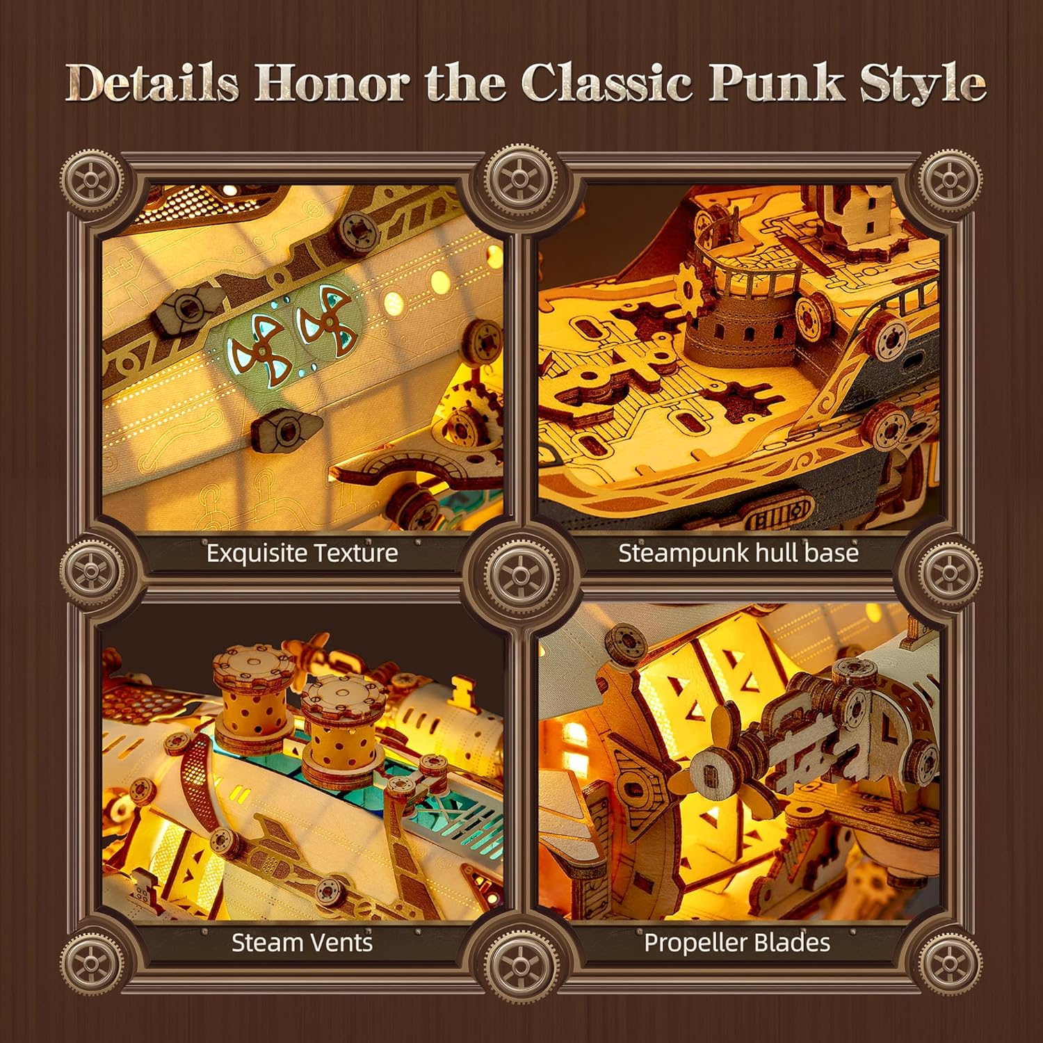 FUNPOLA LED 3D Wood Puzzle Fantasy Airship Model - Steampunk DIY Craft Kit with LED Lights – Intricate Wooden Airship Model Building Set for Teens and Adults(White)