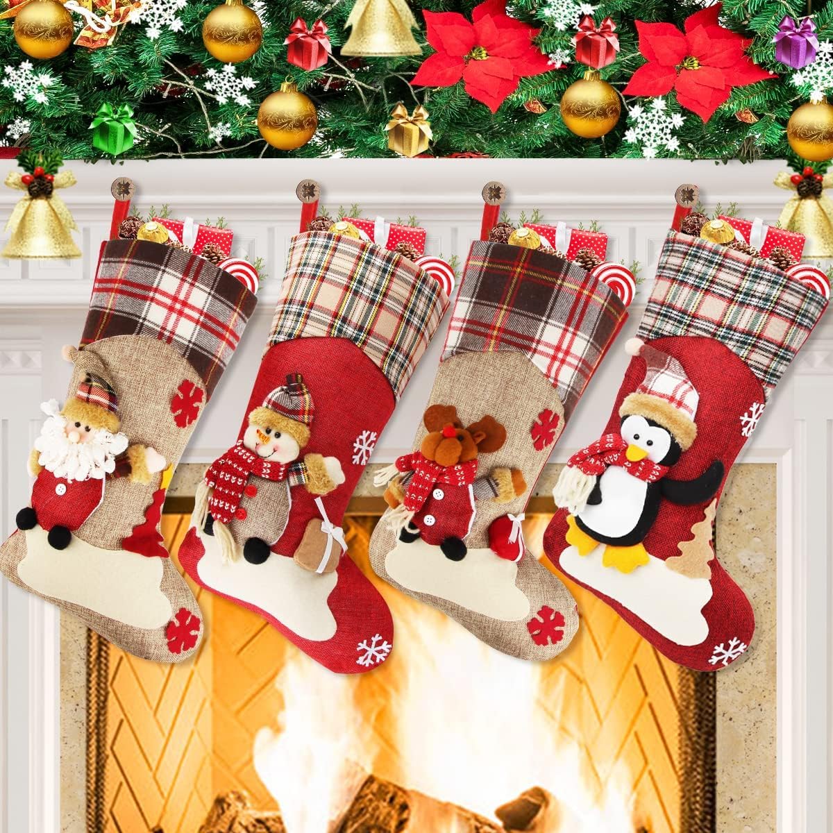 Dreampark Christmas Stockings Bulk 4 Pcs - 18 Classic Xmas Stockings Set of 4 - Santa Snowman Reindeer Penguin Christmas Stocking Decorations Home Decor Party Supplies & Kids Gifts