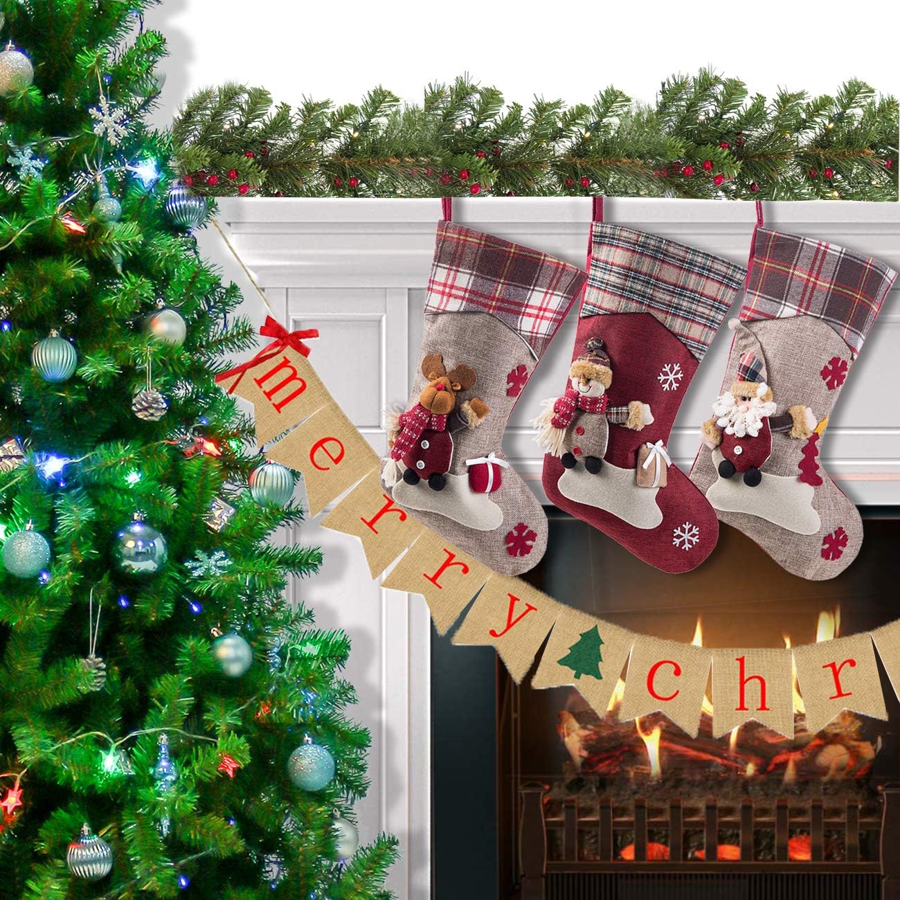 Sunnyglade 3PCS 17.5 Christmas Stocking Classic Large Stockings Santa, Snowman, Reindeer Xmas Character for Family Holiday Christmas Party Decorations