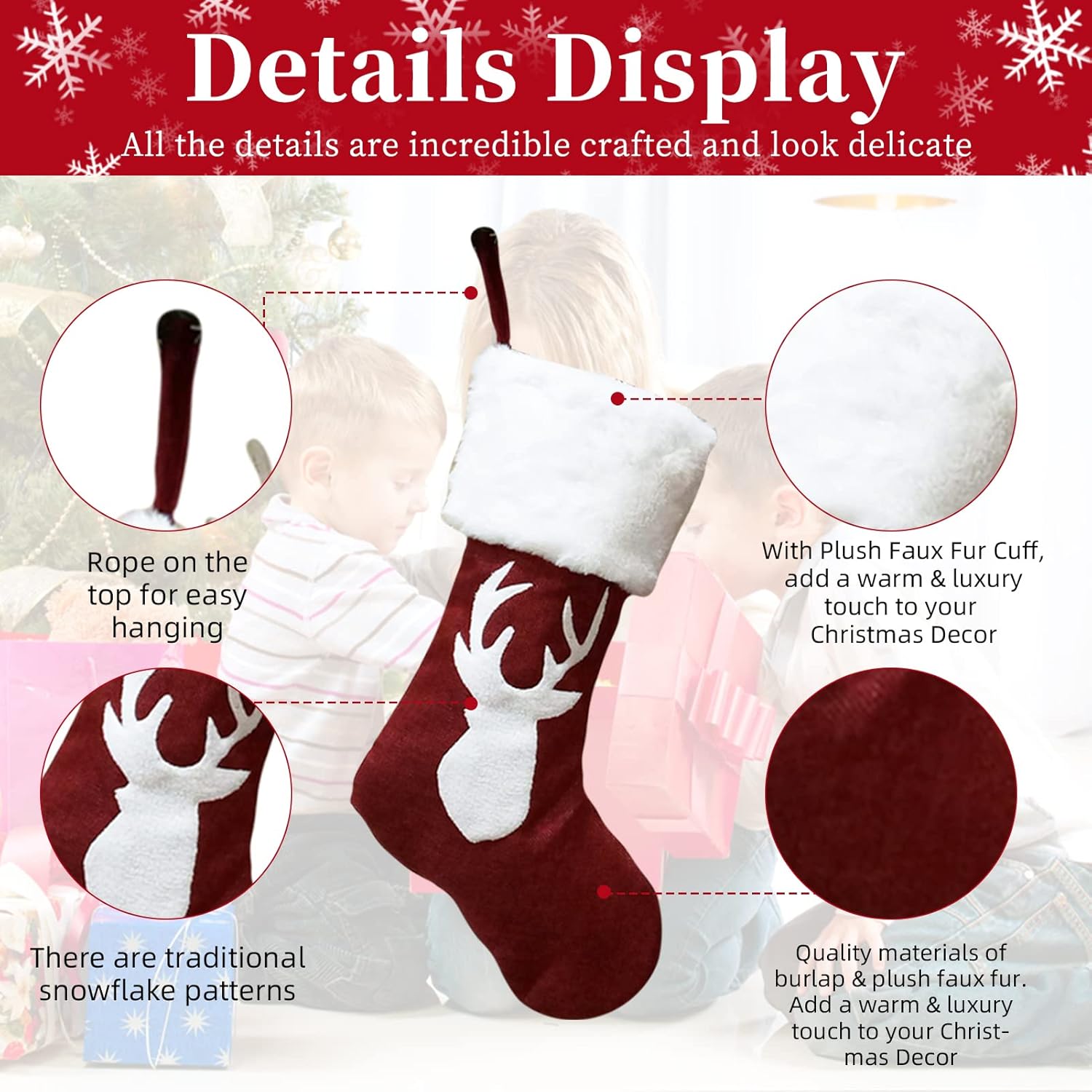Meajore 2 Pcs Christmas Stockings New Set, 3D Gnomes Santa Christmas Stockings Personalized (18inch) Soft Classic Red and Grey Fireplace Hanging for Family Holiday Xmas Party Decorations