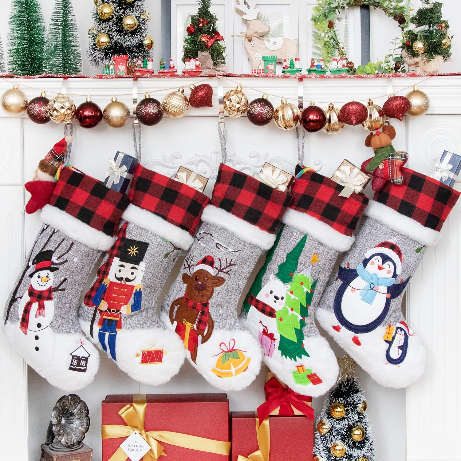 BHD BEAUTY Set of 6 Christmas Stockings Gray Burlap Buffalo Red Plaid Soft Faux Fur 20 Inches Lovely Embroidery Pattern for Family Decorations Hanging Ornament for Xmas Holiday Party